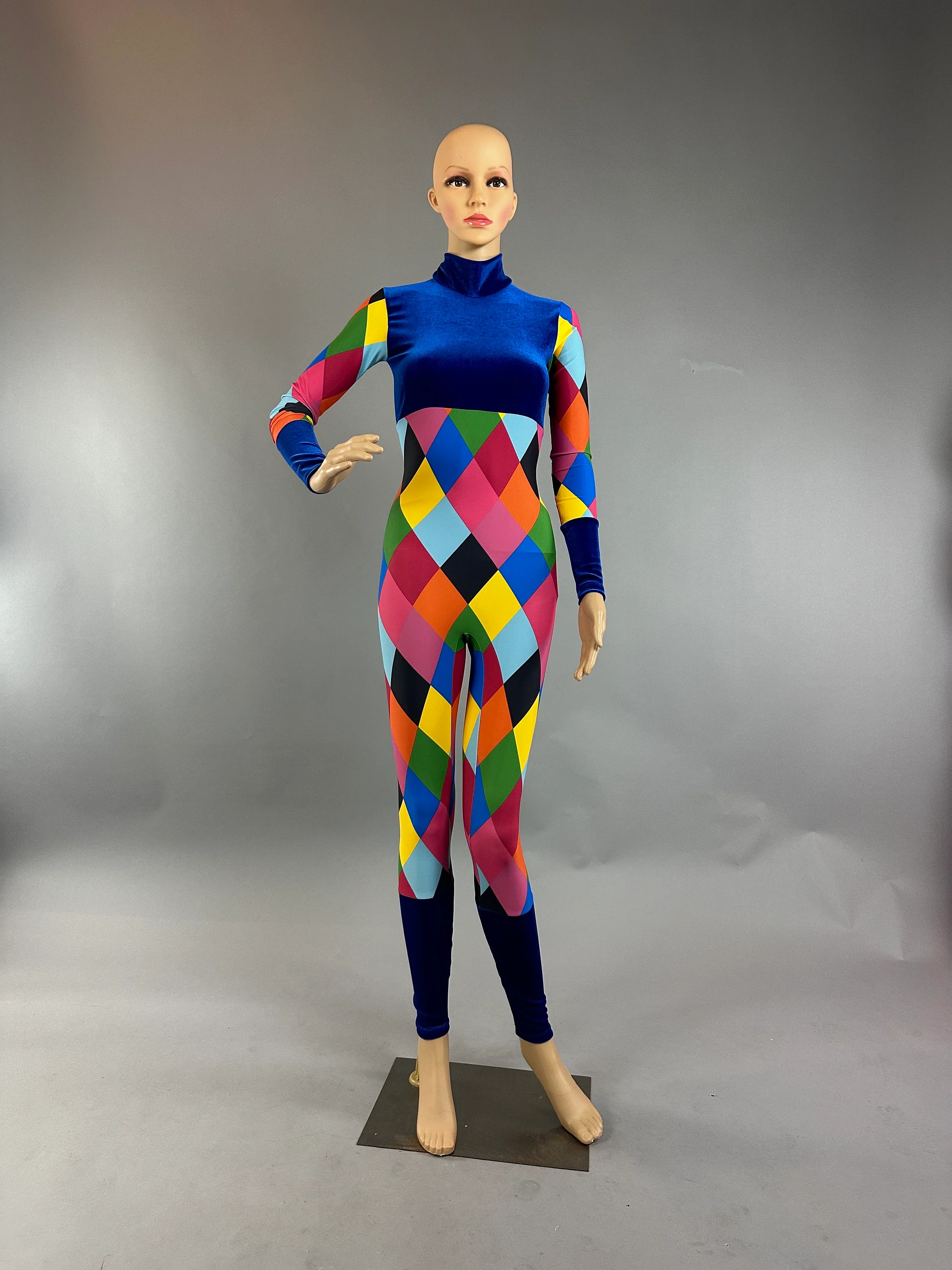 Multicolor Harlequin Catsuit, Full Length Sleeves, Turtleneck - Image 5