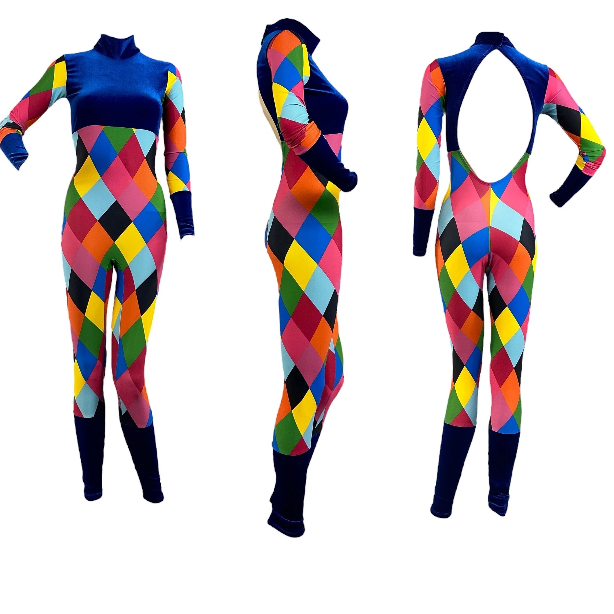 Multicolor Harlequin Catsuit, Full Length Sleeves, Turtleneck - Image 8