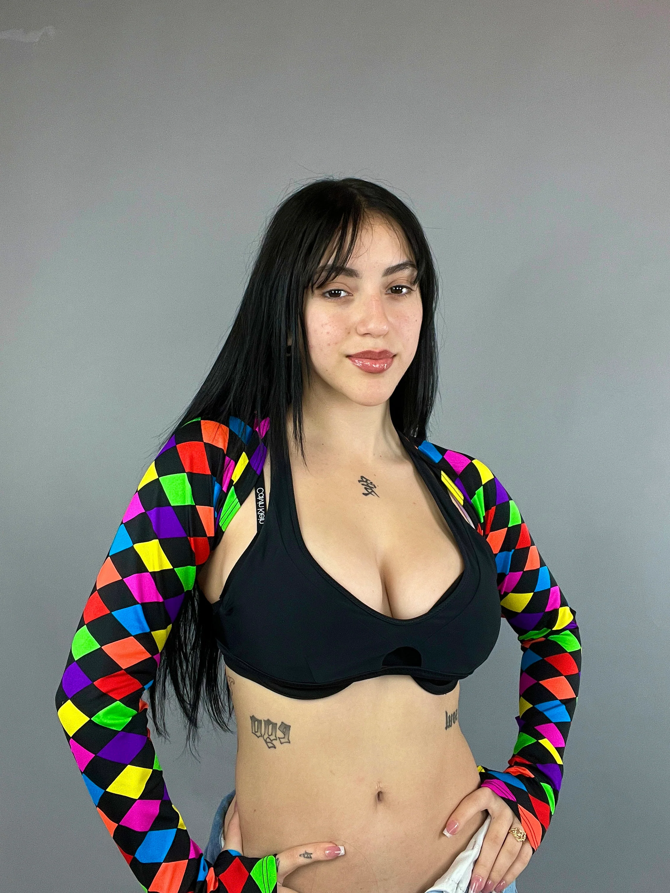 Harlequin Print Shrug, Colorful Diamond Arm Sleeves, Upcycled Spandex Bolero, Festival Fashion Top, Jester Costume, Rave Outfit, Custom Crop Top - Image 8