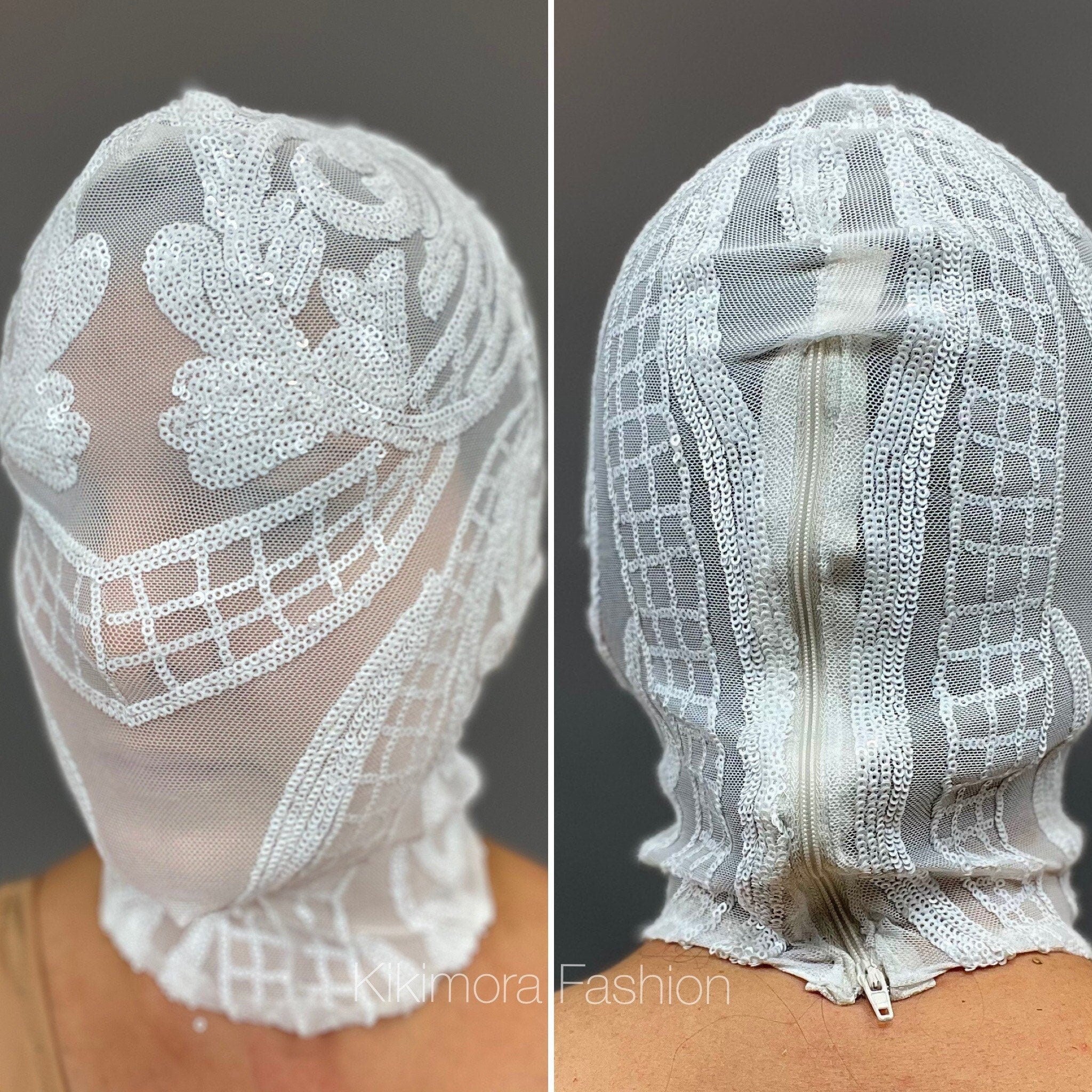White Sequin Headpiece, Sheer Mesh Face Mask, Bridal Head Cover, Alternative Balaclava, Performance Mask, Futuristic Costume Accessory - Image 10
