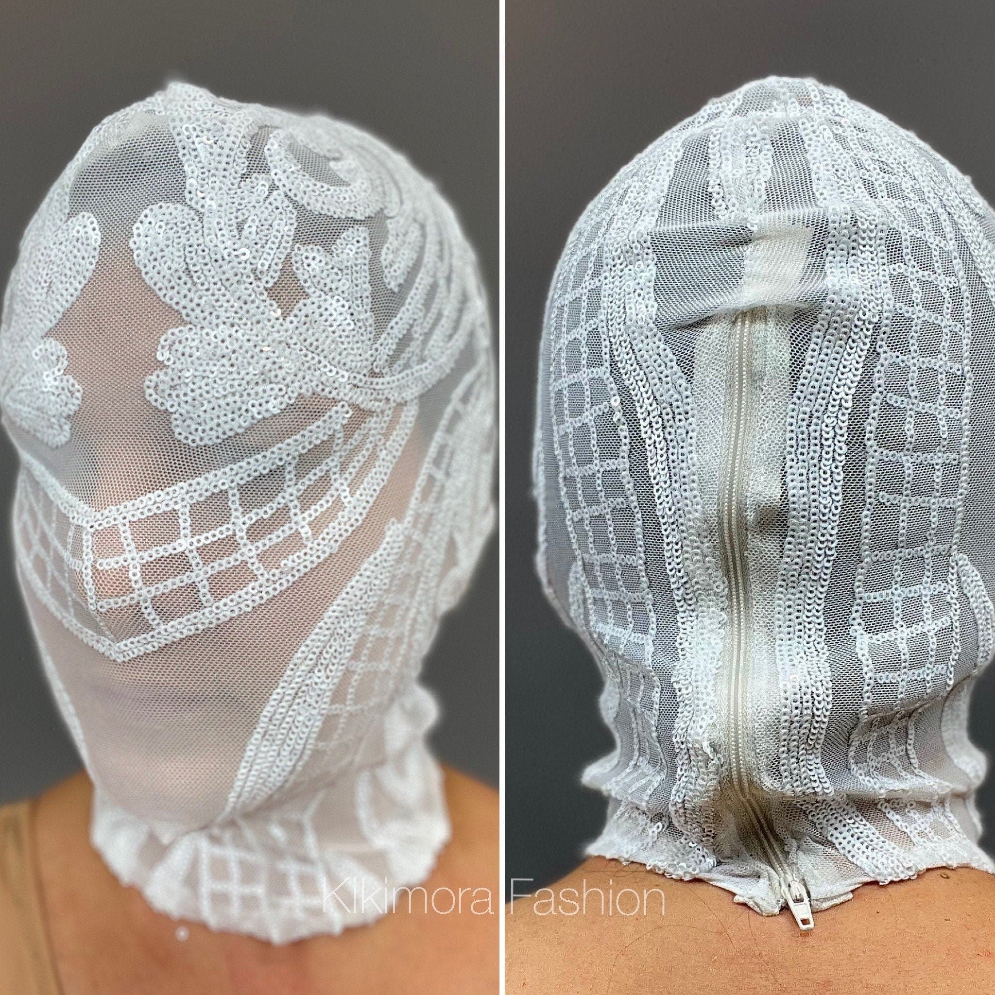 White Sequin Headpiece, Sheer Mesh Face Mask, Bridal Head Cover, Alternative Balaclava, Performance Mask, Futuristic Costume Accessory - Image 3