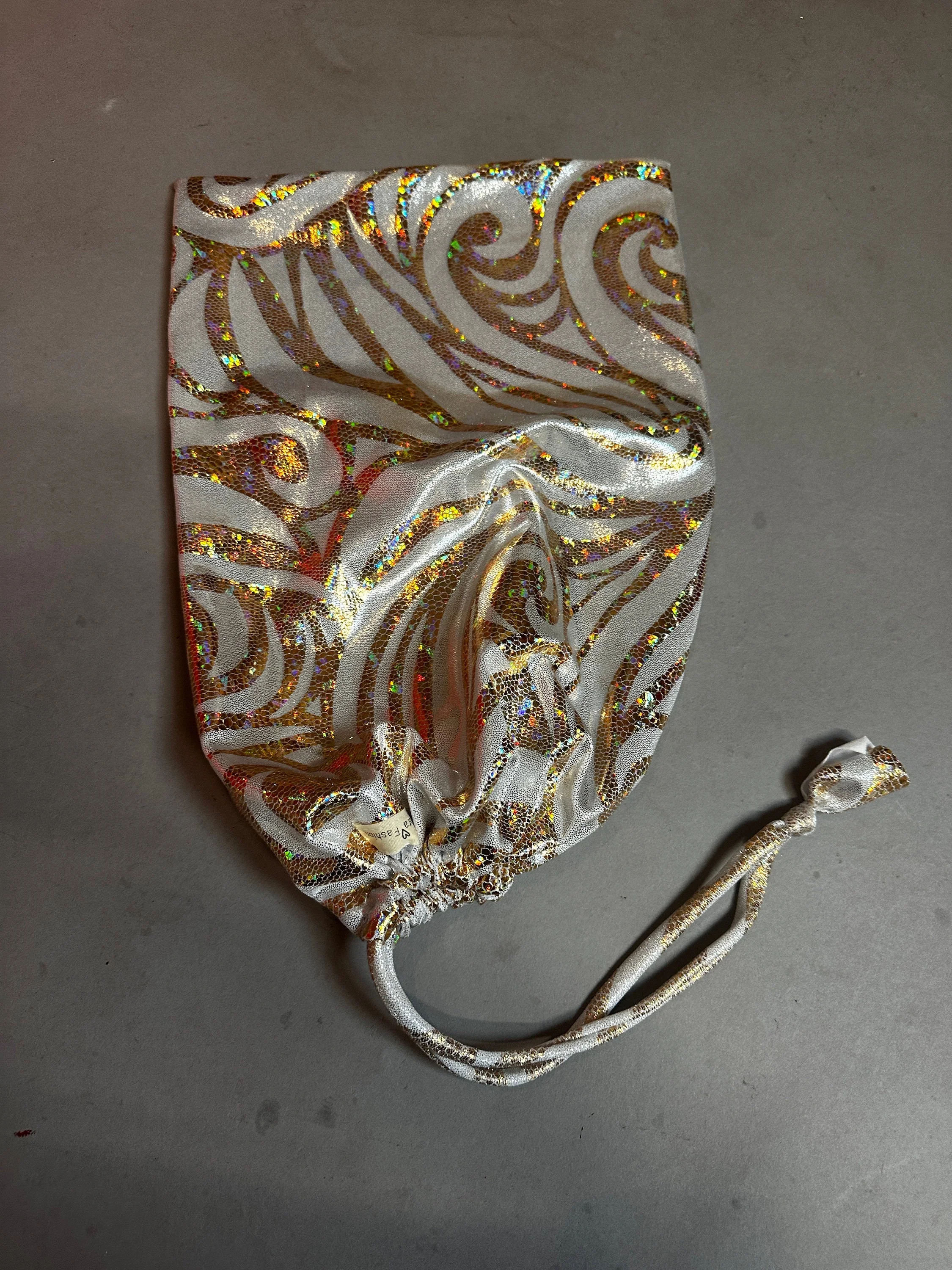Hologram Drawstring Bag, Silver and Gold Swirl Pouch, Eco Friendly Recycled Spandex Fabric, Reusable Gift Bag, 12x15 Inch - Image 6