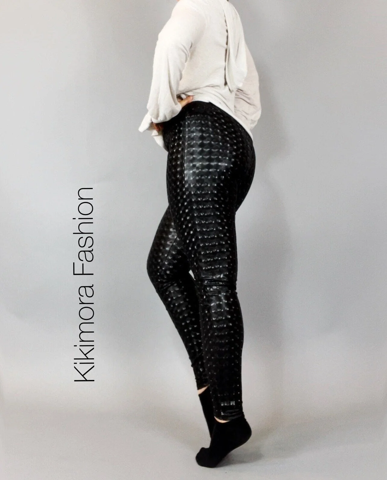Black Textured Leggings, Faux Latex Pants, Geometric Spandex Tights, Wet Look Clubwear, Futuristic Festival Bottoms, Rave Pants - Image 3
