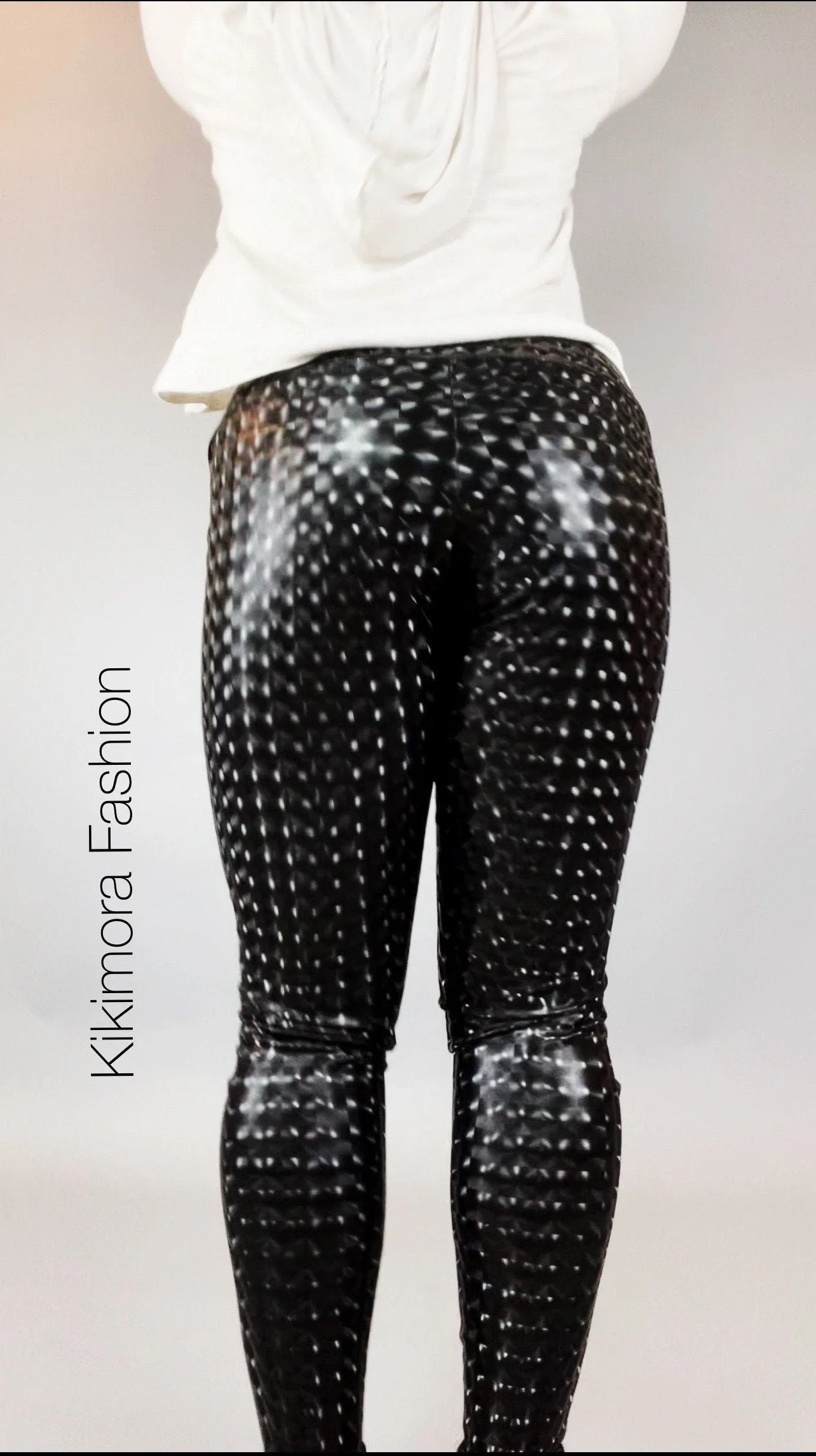 Black Textured Leggings, Faux Latex Pants, Geometric Spandex Tights, Wet Look Clubwear, Futuristic Festival Bottoms, Rave Pants - Image 5