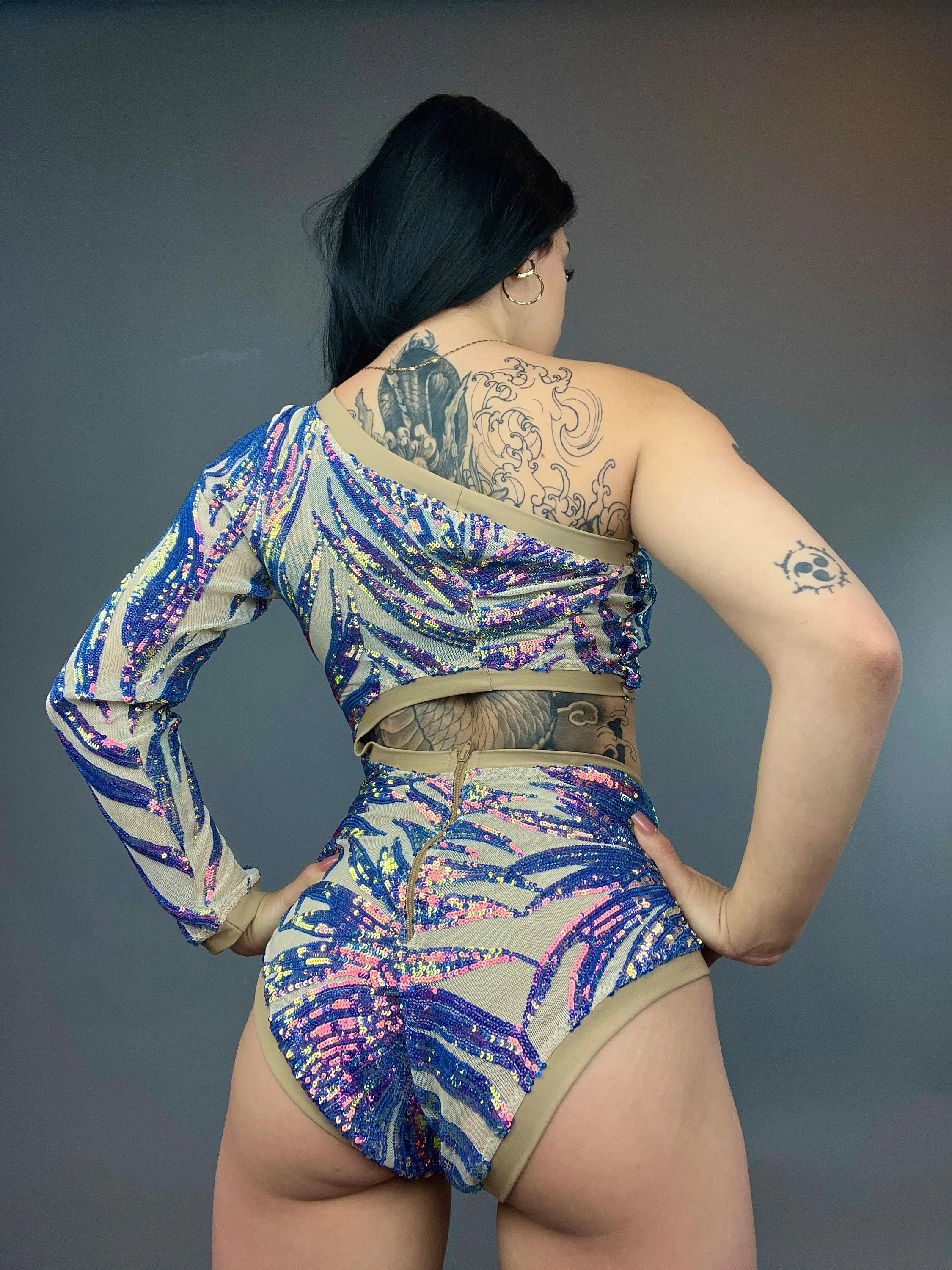 Isolated Blue Sequin On Nude Leotard, Cut Outs, Asymmetric Design - Image 6