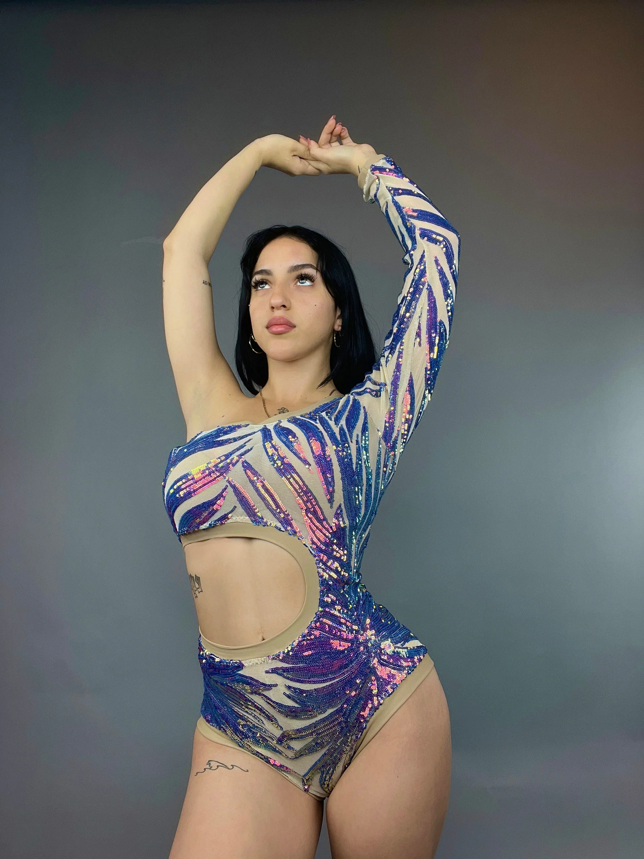 Isolated Blue Sequin On Nude Leotard, Cut Outs, Asymmetric Design - Image 8
