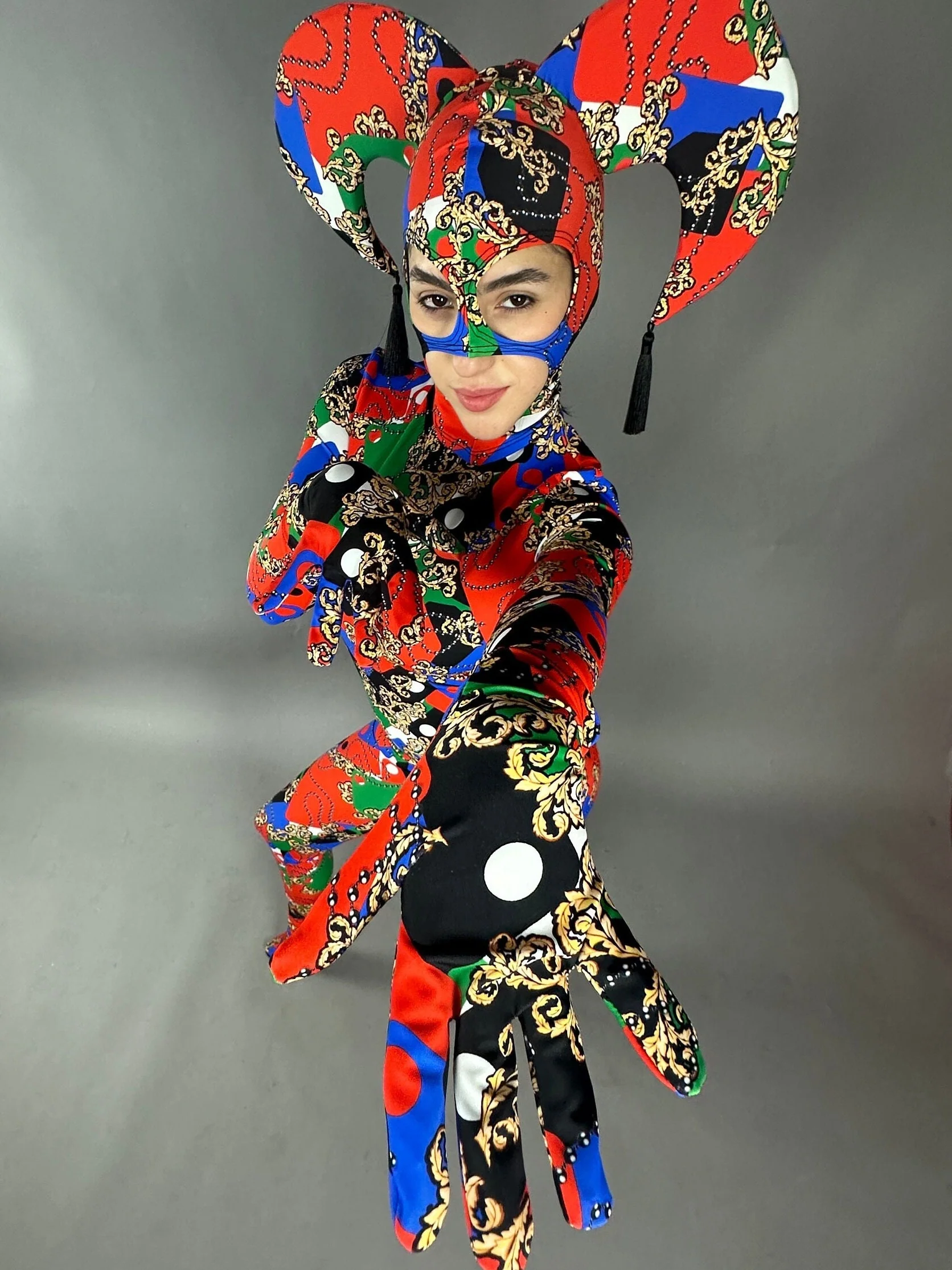 Colorful Jester Print Full Body Catsuit with Headpiece, UV Glow Spandex Performance Jumpsuit with Back Zipper - Image 6