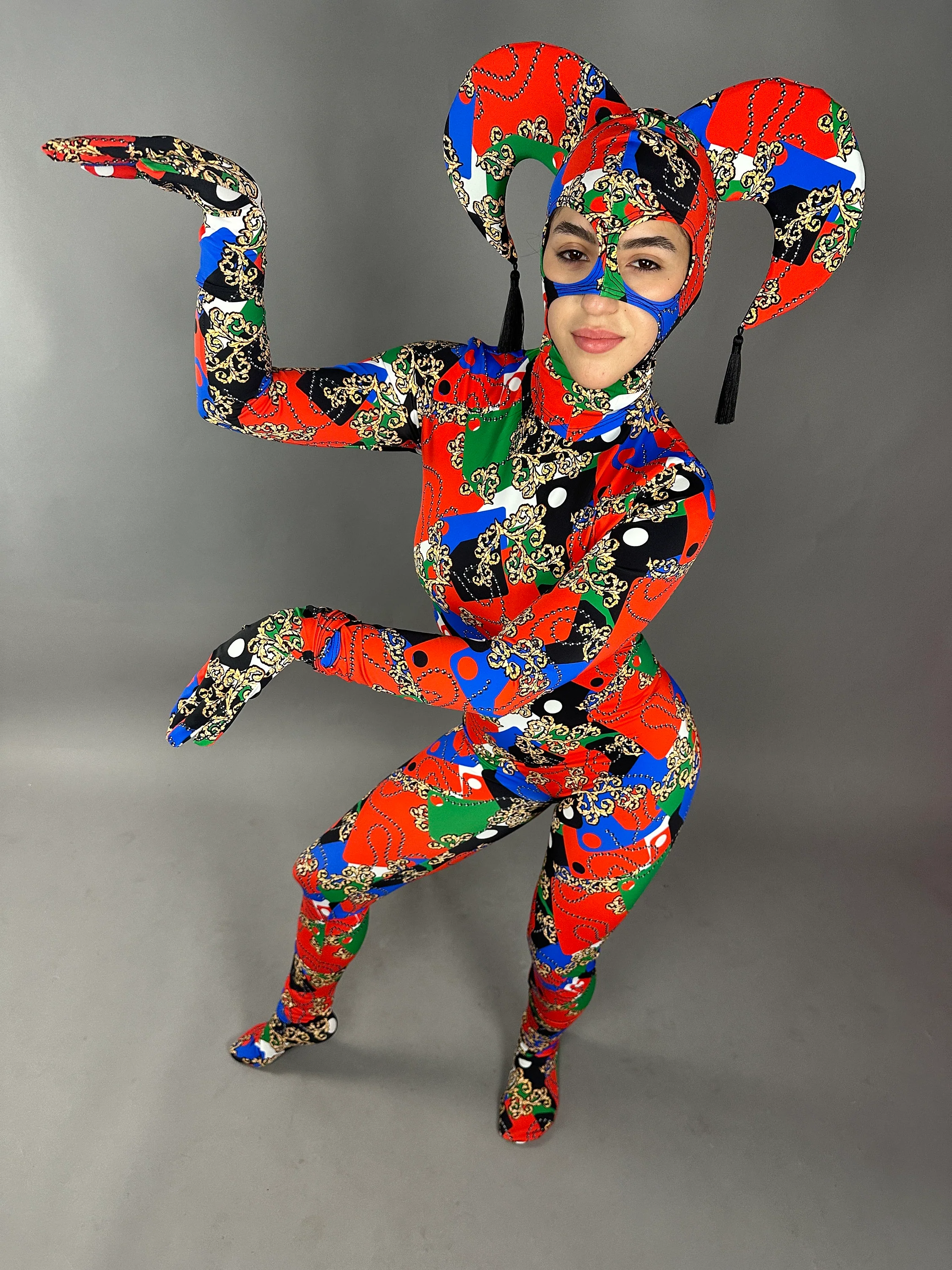 Colorful Jester Print Full Body Catsuit with Headpiece, UV Glow Spandex Performance Jumpsuit with Back Zipper - Image 8