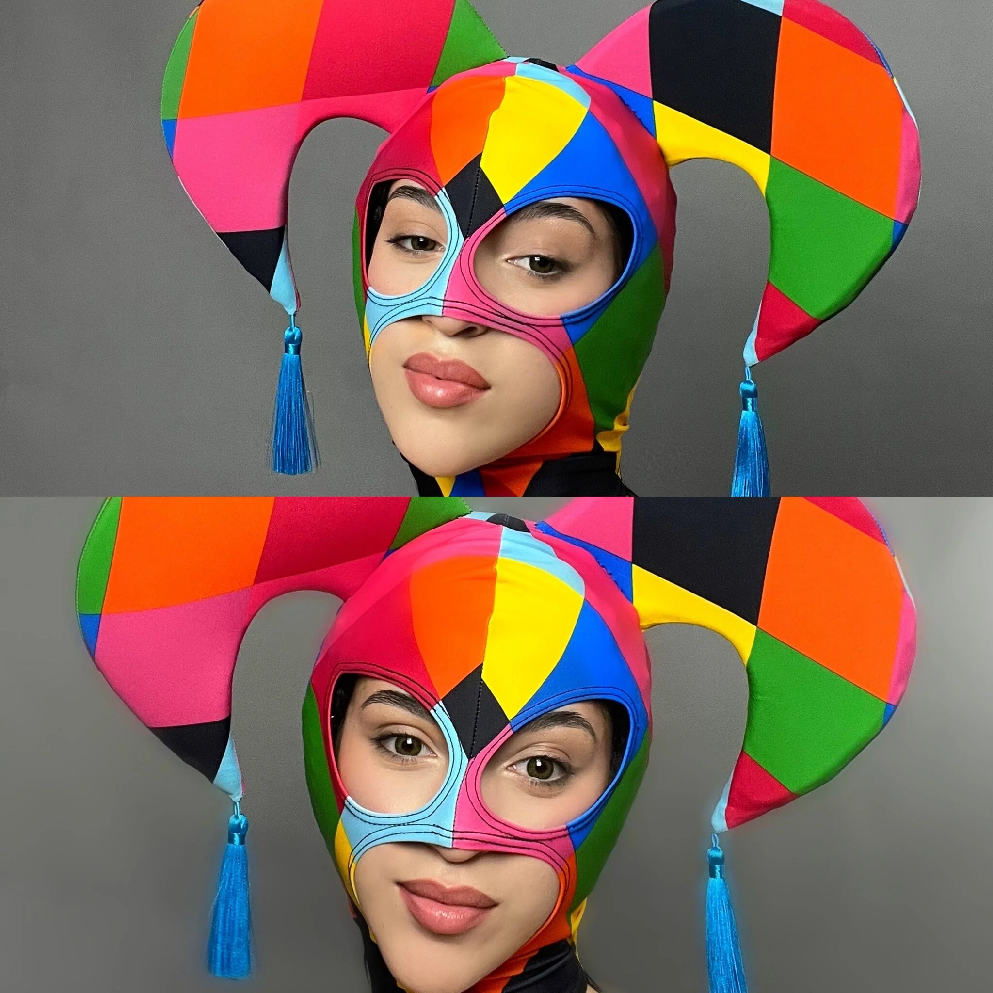 Harlequin Jester Headpiece, Colorful Diamond Mask, Spandex Costume Hat, Foam Horns Accessory, Festival Fashion, Rave Outfit, Custom Made - Image 3