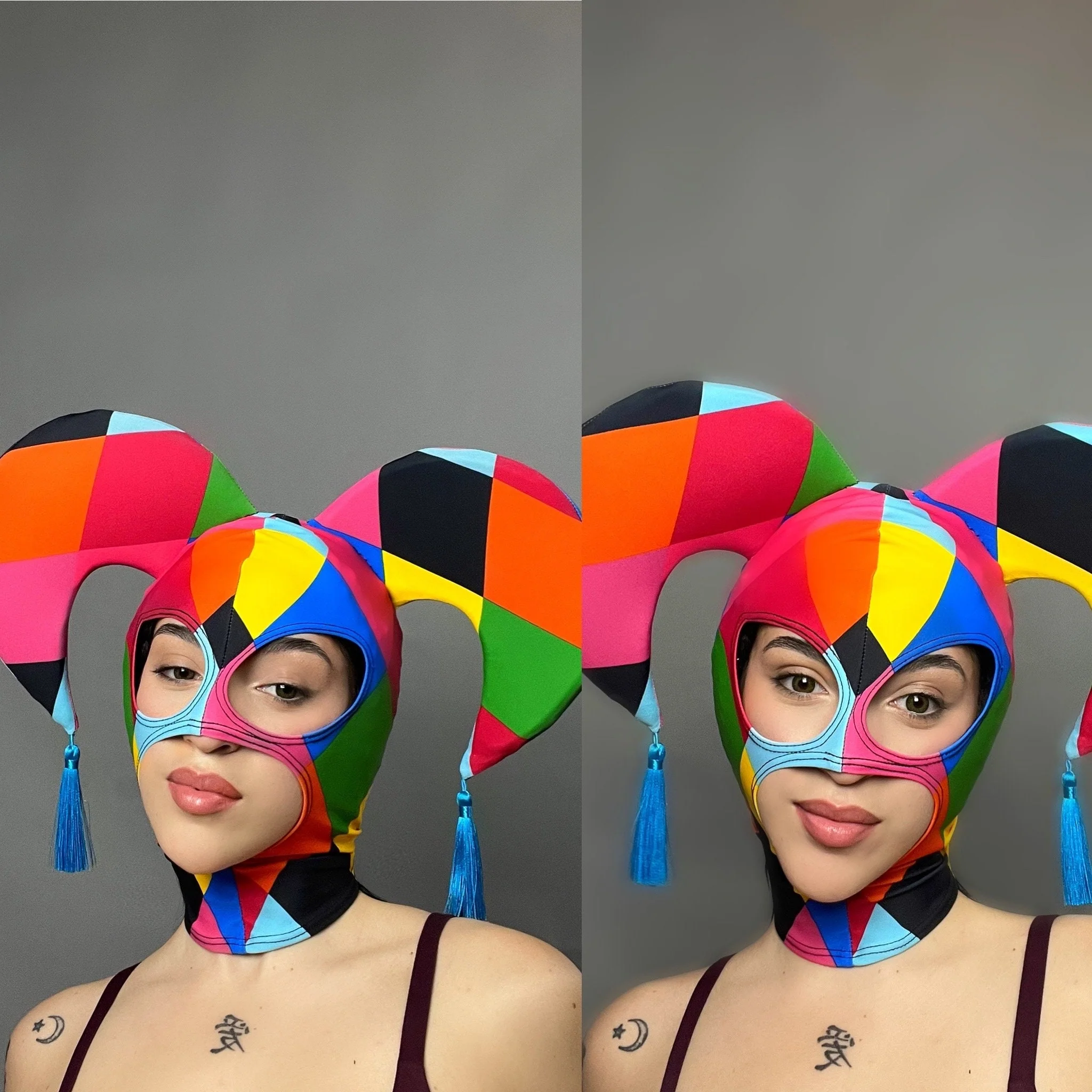 Harlequin Jester Headpiece, Colorful Diamond Mask, Spandex Costume Hat, Foam Horns Accessory, Festival Fashion, Rave Outfit, Custom Made - Image 4