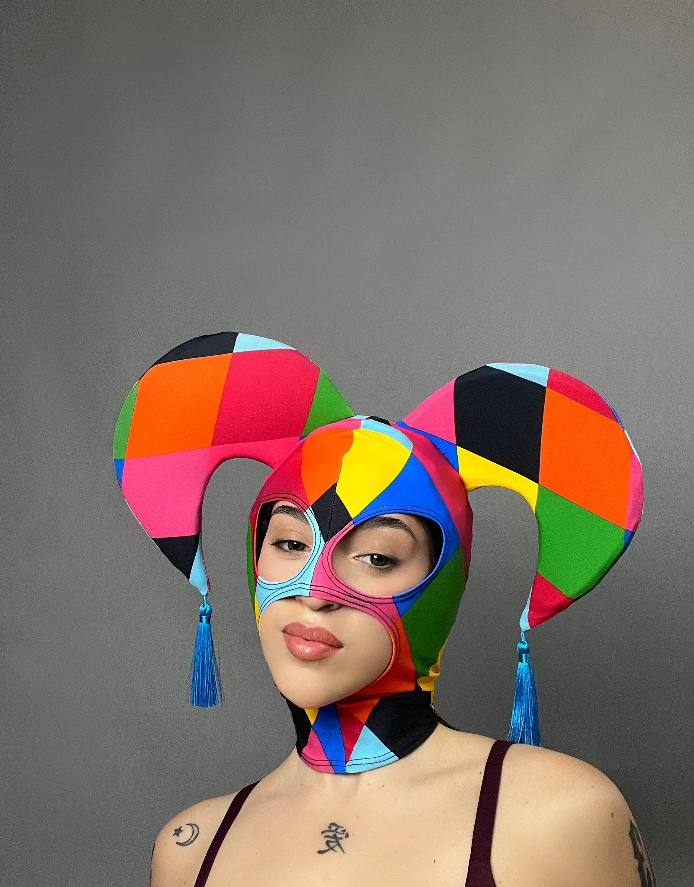 Harlequin Jester Headpiece, Colorful Diamond Mask, Spandex Costume Hat, Foam Horns Accessory, Festival Fashion, Rave Outfit, Custom Made - Image 6