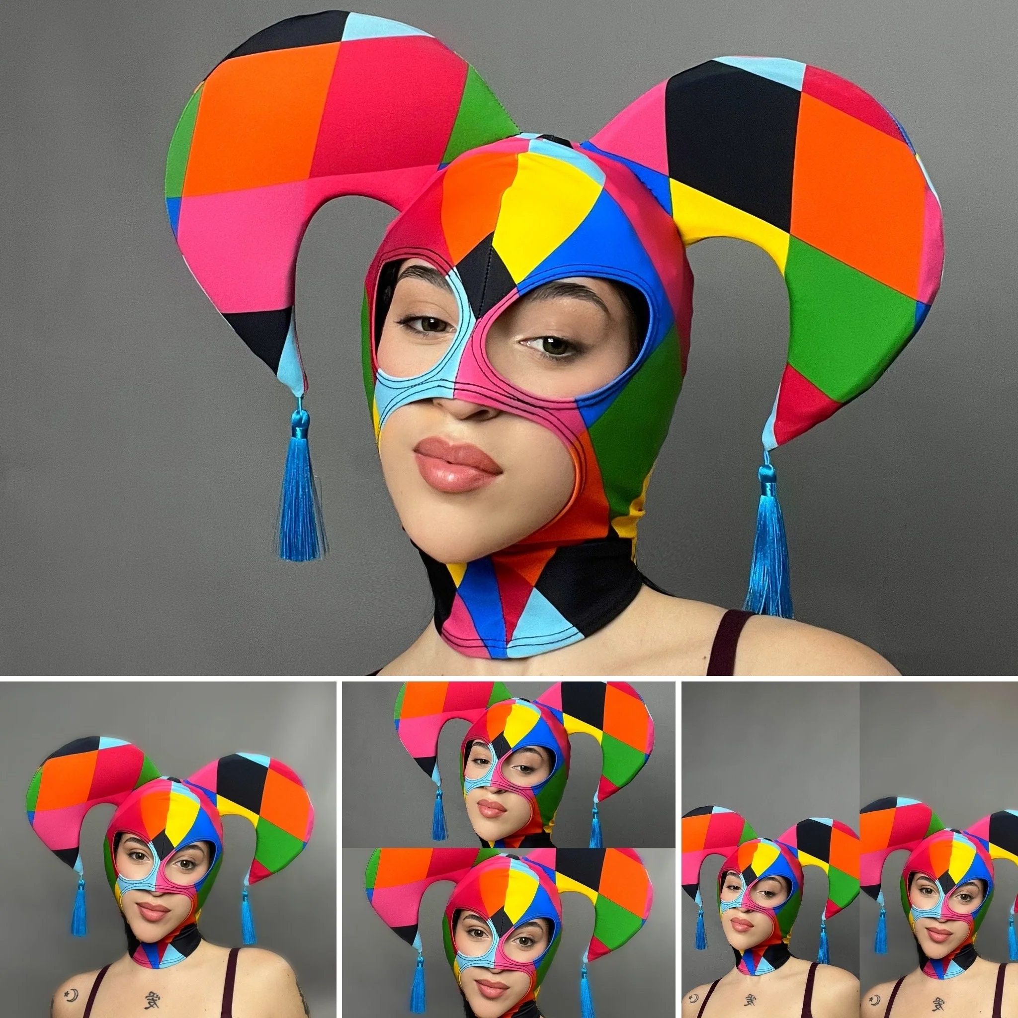 Harlequin Jester Headpiece, Colorful Diamond Mask, Spandex Costume Hat, Foam Horns Accessory, Festival Fashion, Rave Outfit, Custom Made - Image 8
