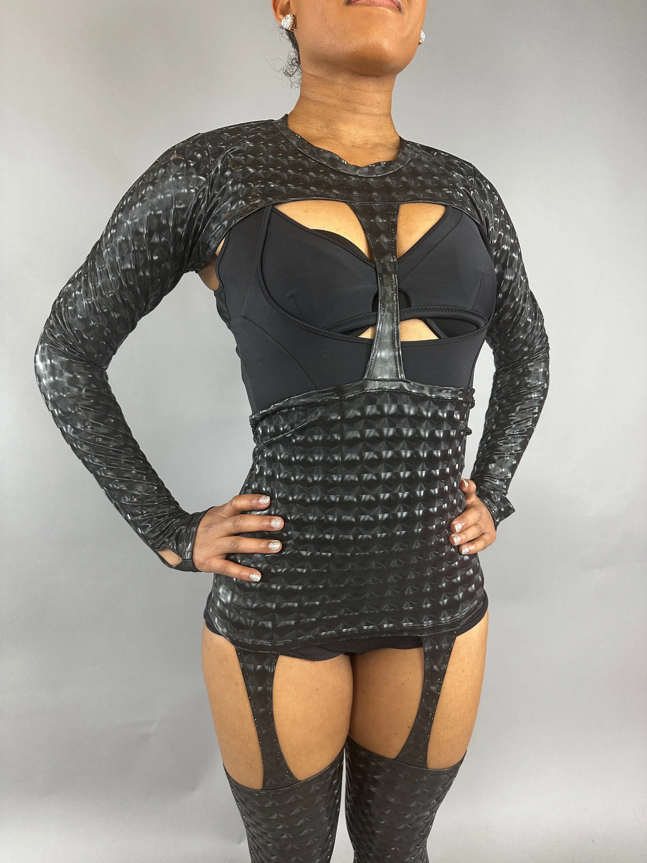 Black Cutout Catsuit Jumpsuit, Full Sleeves, Mock Neck