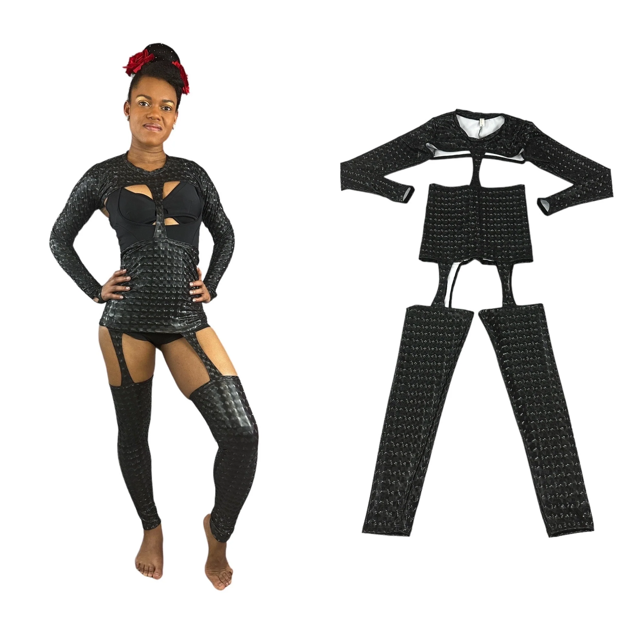 Black Cutout Catsuit Jumpsuit, Full Sleeves, Mock Neck - Image 2