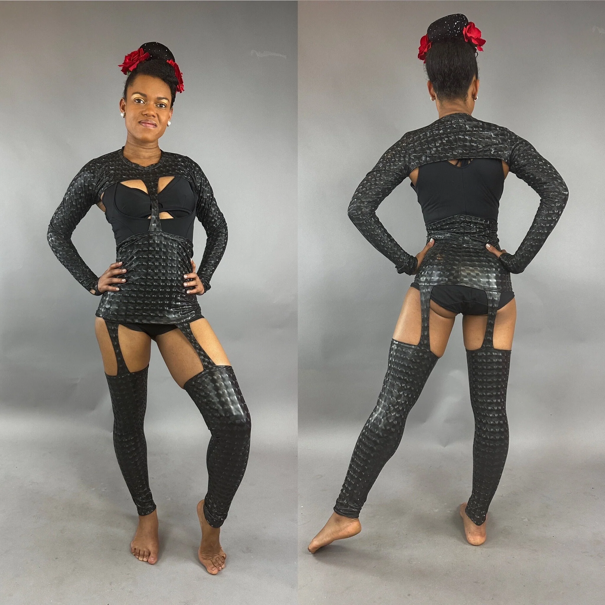 Black Cutout Catsuit Jumpsuit, Full Sleeves, Mock Neck - Image 3