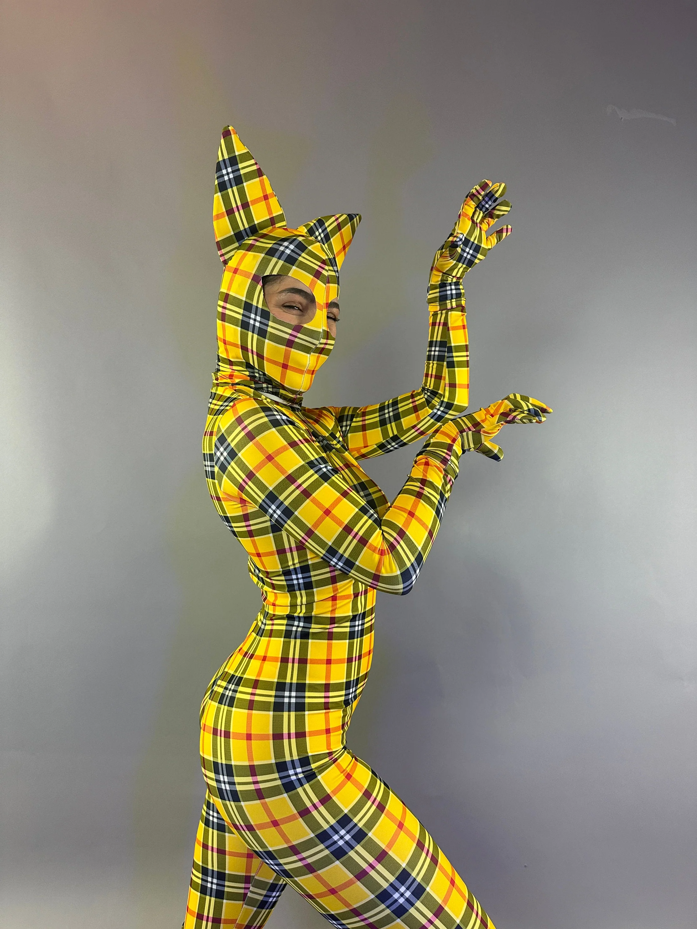 Yellow Plaid Kitty Costume, Glow in the Dark Catsuit, Festival Rave Outfit, Spandex Bodysuit, Futuristic Fashion, Cosplay, Custom Made - Image 2
