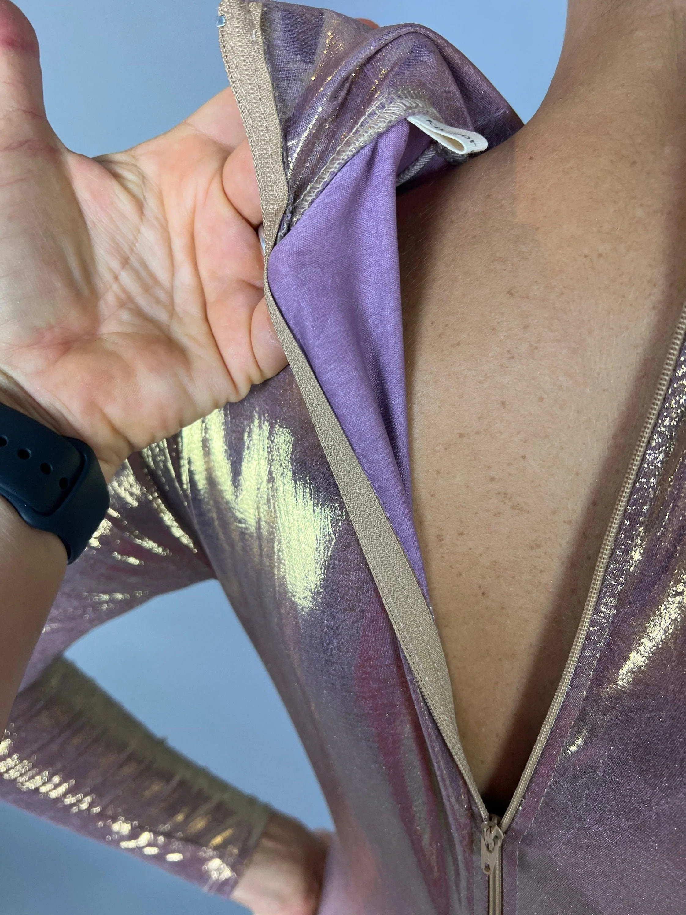 Lavender Gold Metallic Jumpsuit, Futuristic Catsuit, Holographic Bodysuit, Long Sleeve Unitard, Exotic Dancewear, Aerialist Costume - Image 3