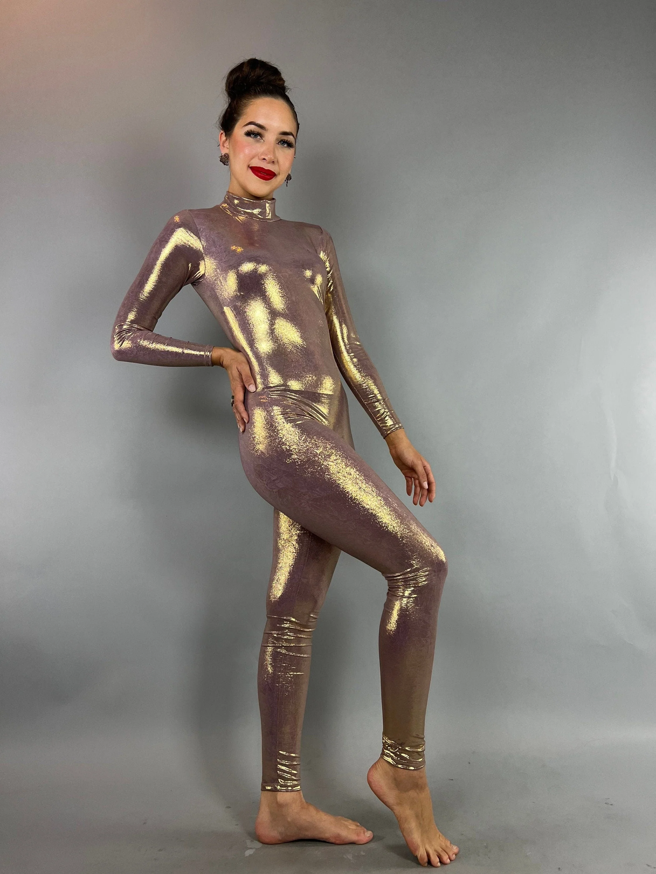 Lavender Gold Metallic Jumpsuit, Futuristic Catsuit, Holographic Bodysuit, Long Sleeve Unitard, Exotic Dancewear, Aerialist Costume - Image 4