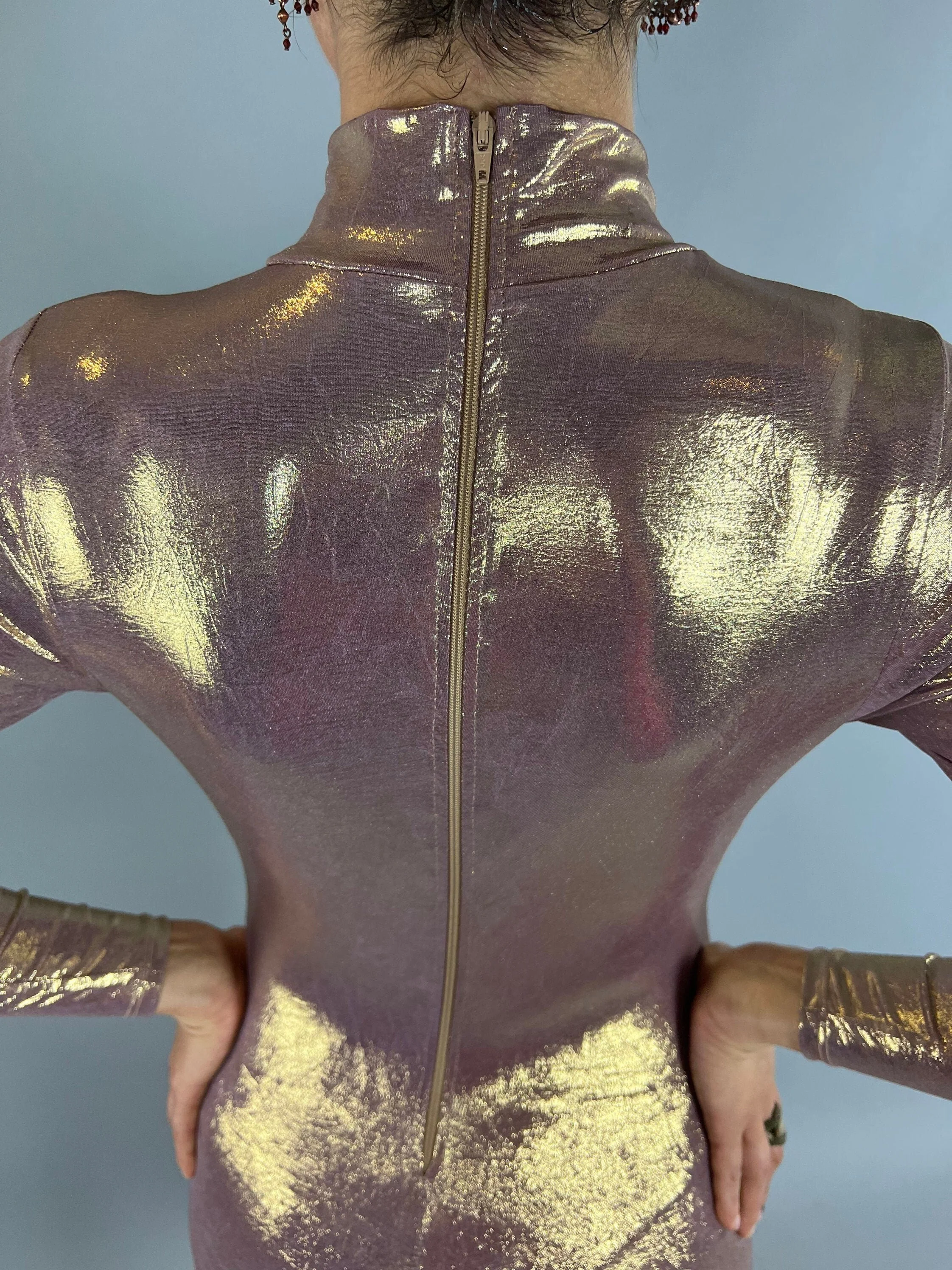 Lavender Gold Metallic Jumpsuit, Futuristic Catsuit, Holographic Bodysuit, Long Sleeve Unitard, Exotic Dancewear, Aerialist Costume - Image 6