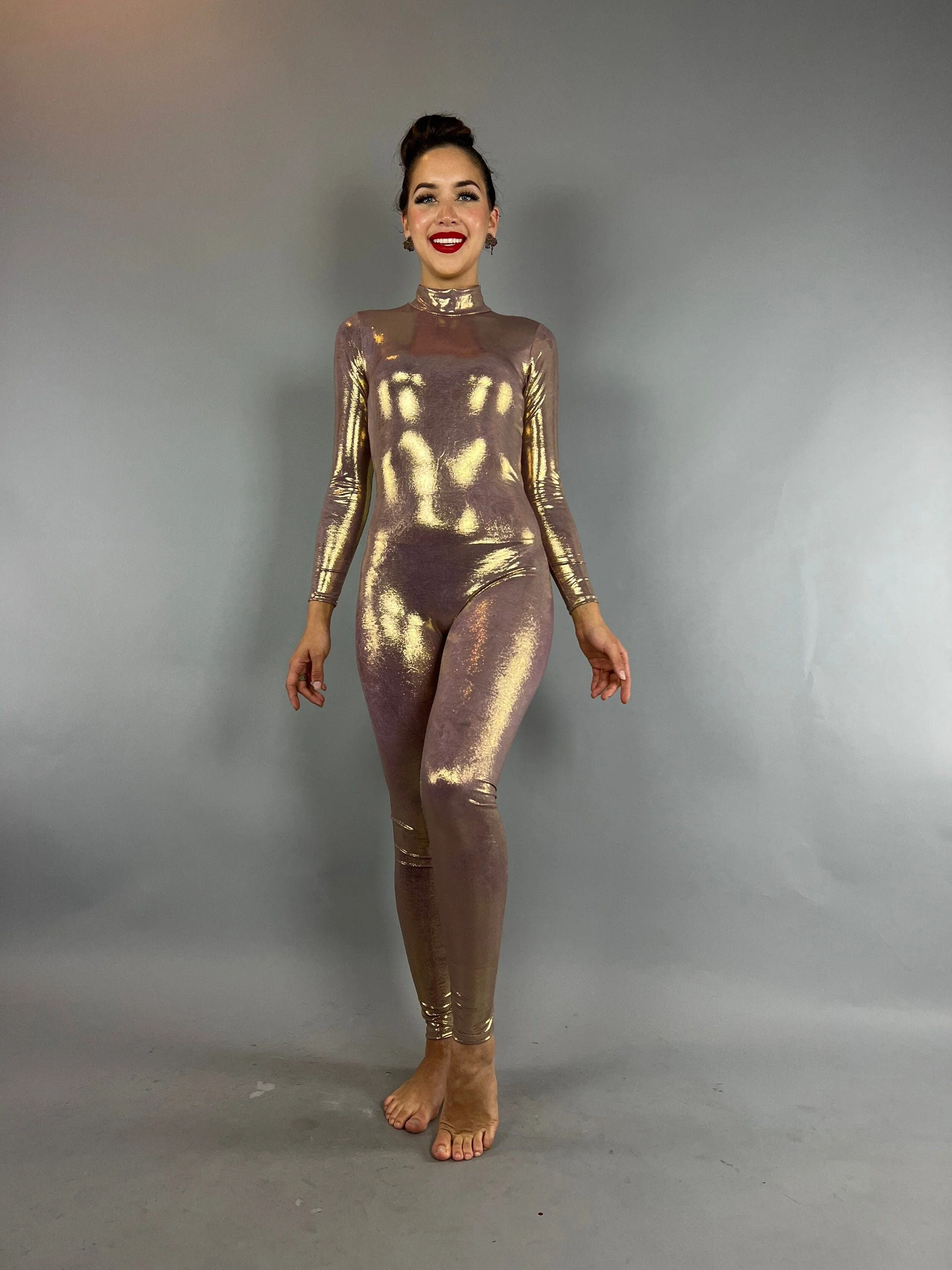 Lavender Gold Metallic Jumpsuit, Futuristic Catsuit, Holographic Bodysuit, Long Sleeve Unitard, Exotic Dancewear, Aerialist Costume - Image 8