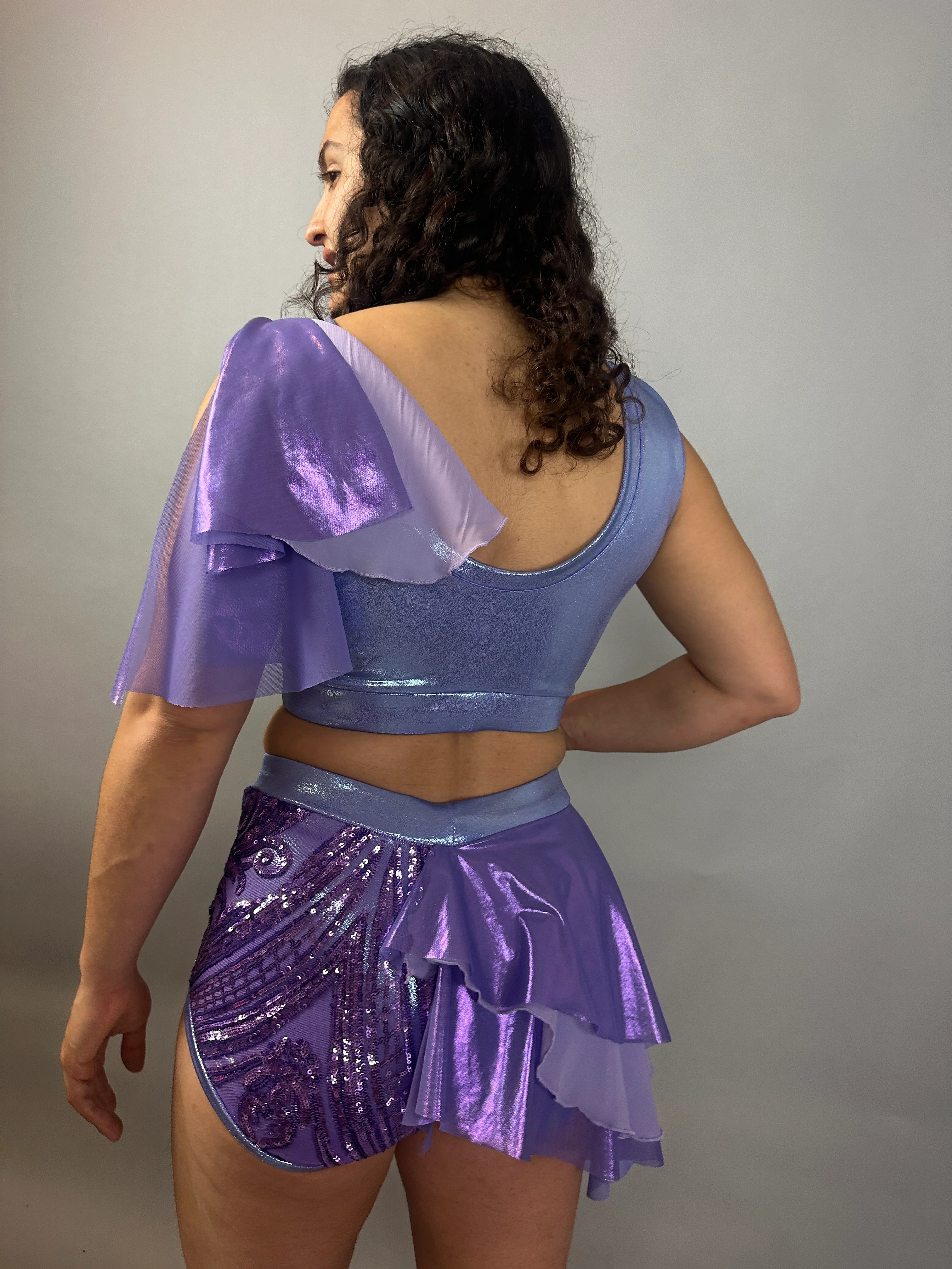 Lavender Purple Sequin Dance Costume, 4-Way Stretch Mesh Crop Top and High Waist Shorts with Half Skirt - Image 11