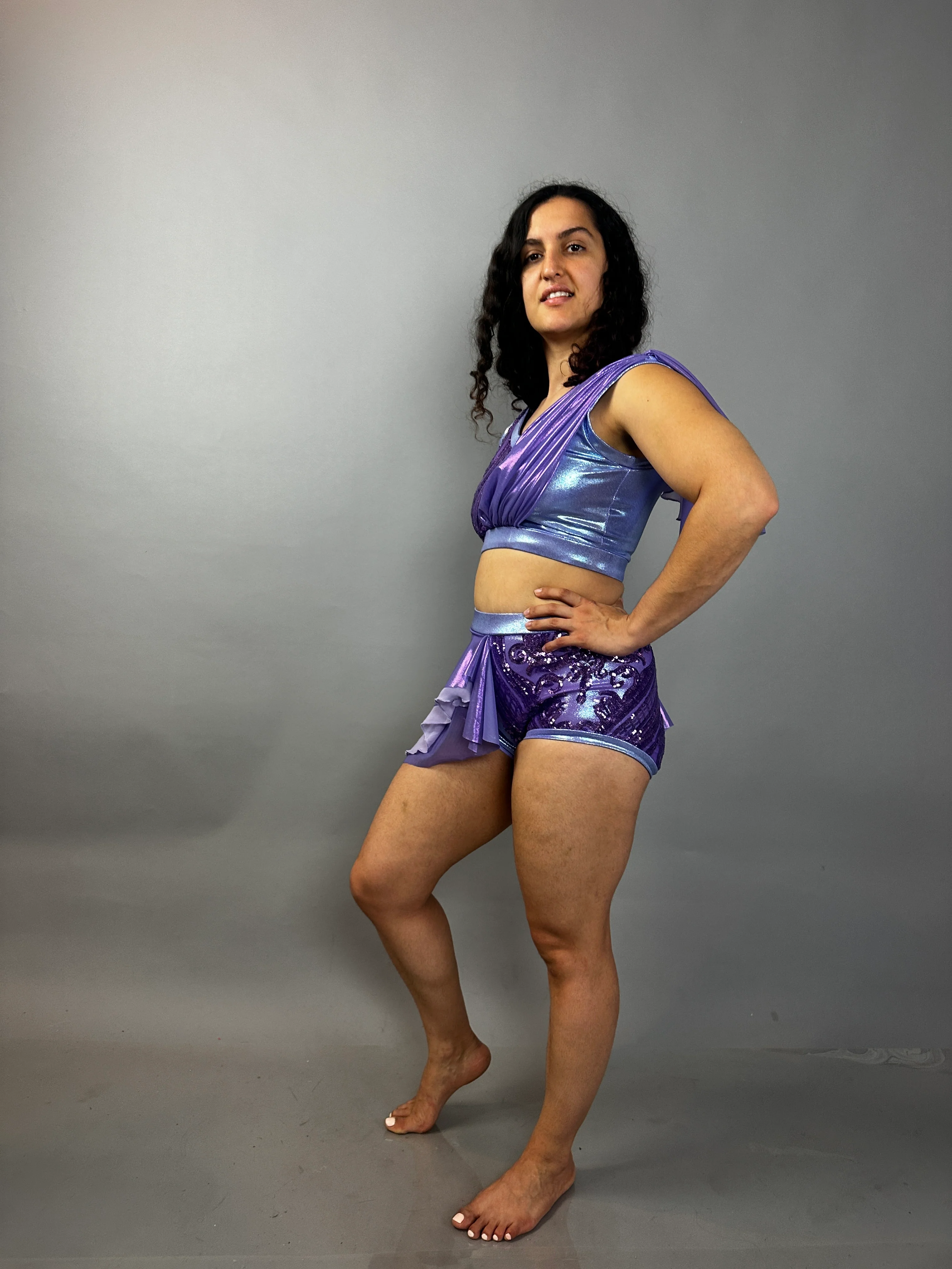 Lavender Purple Sequin Dance Costume, 4-Way Stretch Mesh Crop Top and High Waist Shorts with Half Skirt - Image 13