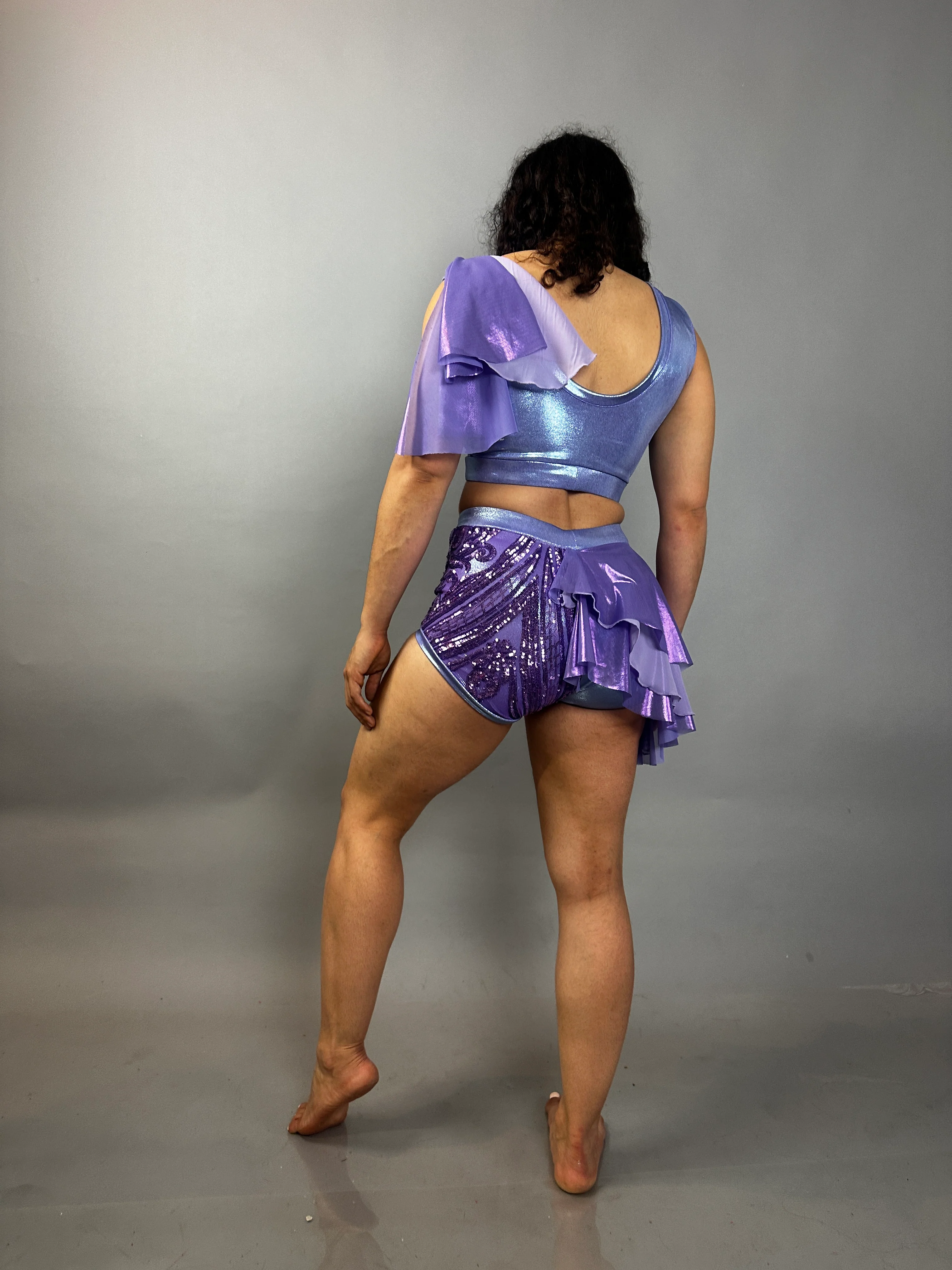 Lavender Purple Sequin Dance Costume, 4-Way Stretch Mesh Crop Top and High Waist Shorts with Half Skirt - Image 5