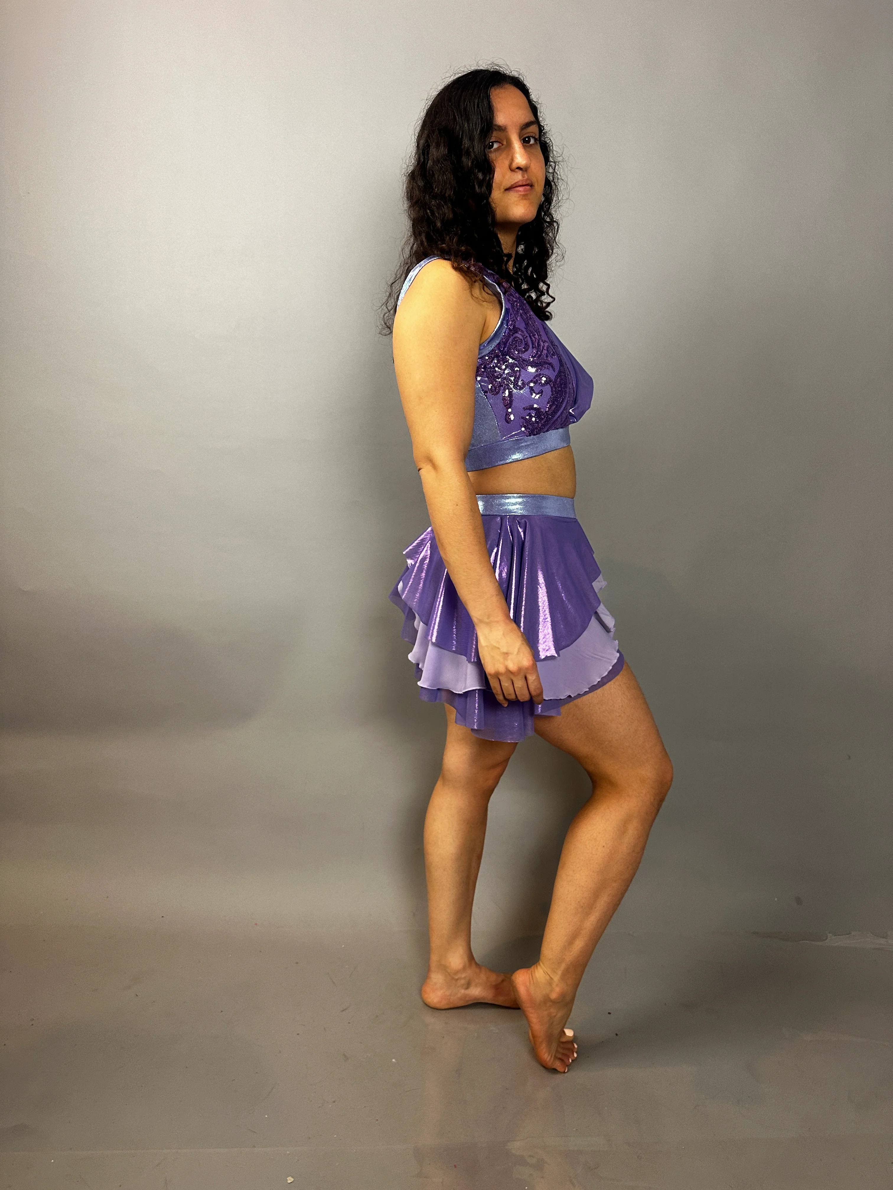 Lavender Purple Sequin Dance Costume, 4-Way Stretch Mesh Crop Top and High Waist Shorts with Half Skirt - Image 7