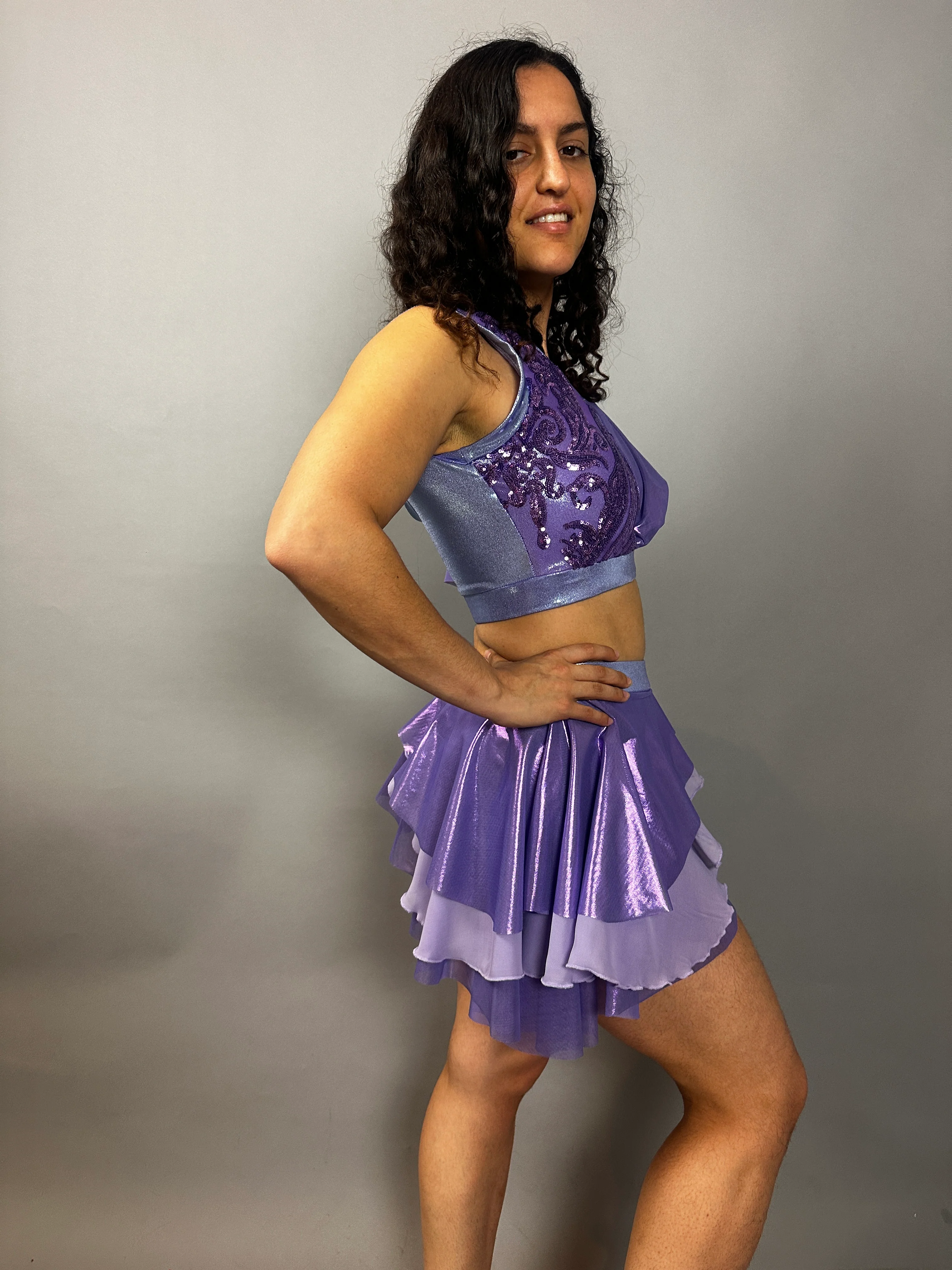 Lavender Purple Sequin Dance Costume, 4-Way Stretch Mesh Crop Top and High Waist Shorts with Half Skirt - Image 8