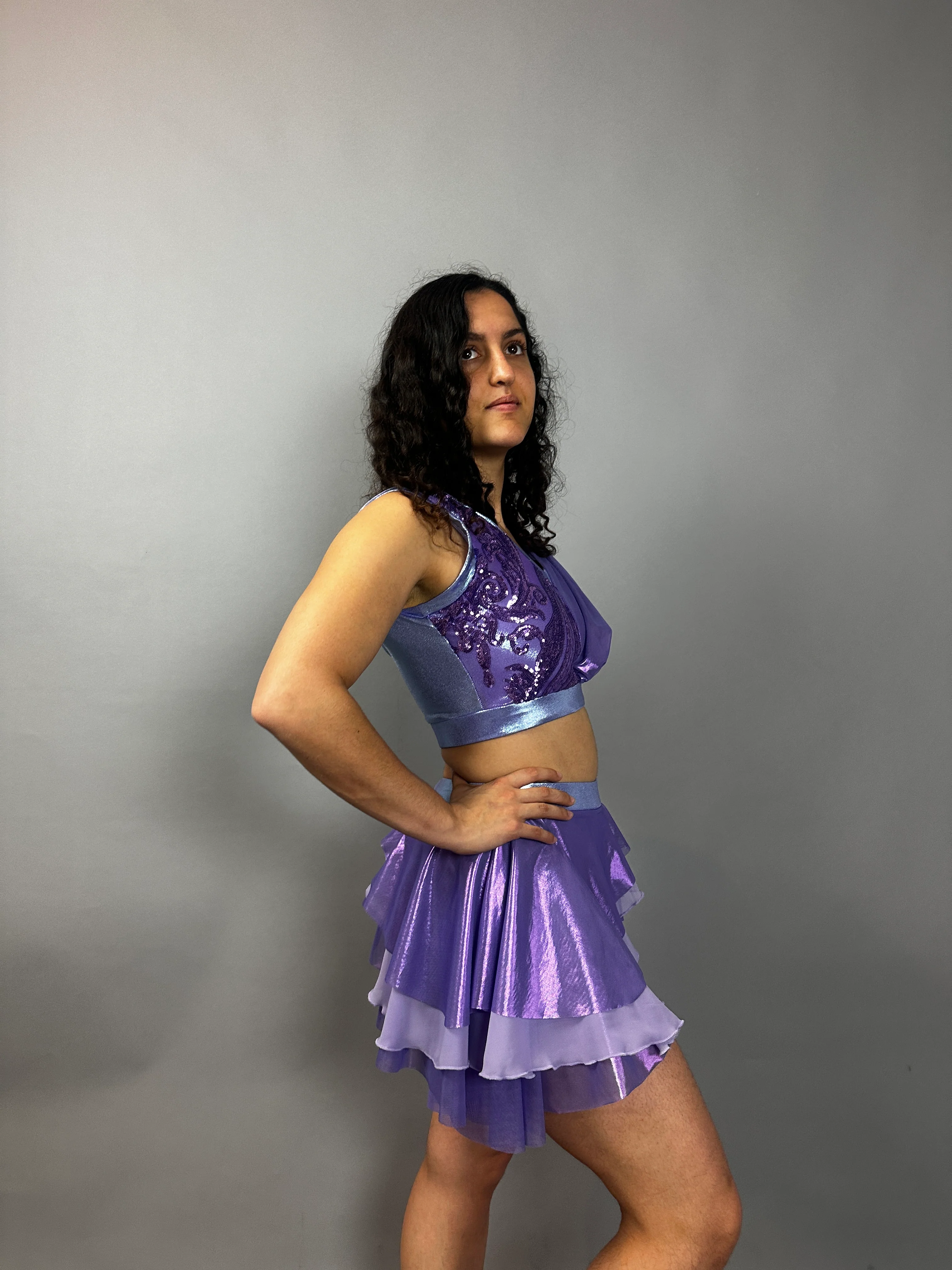 Lavender Purple Sequin Dance Costume, 4-Way Stretch Mesh Crop Top and High Waist Shorts with Half Skirt - Image 9