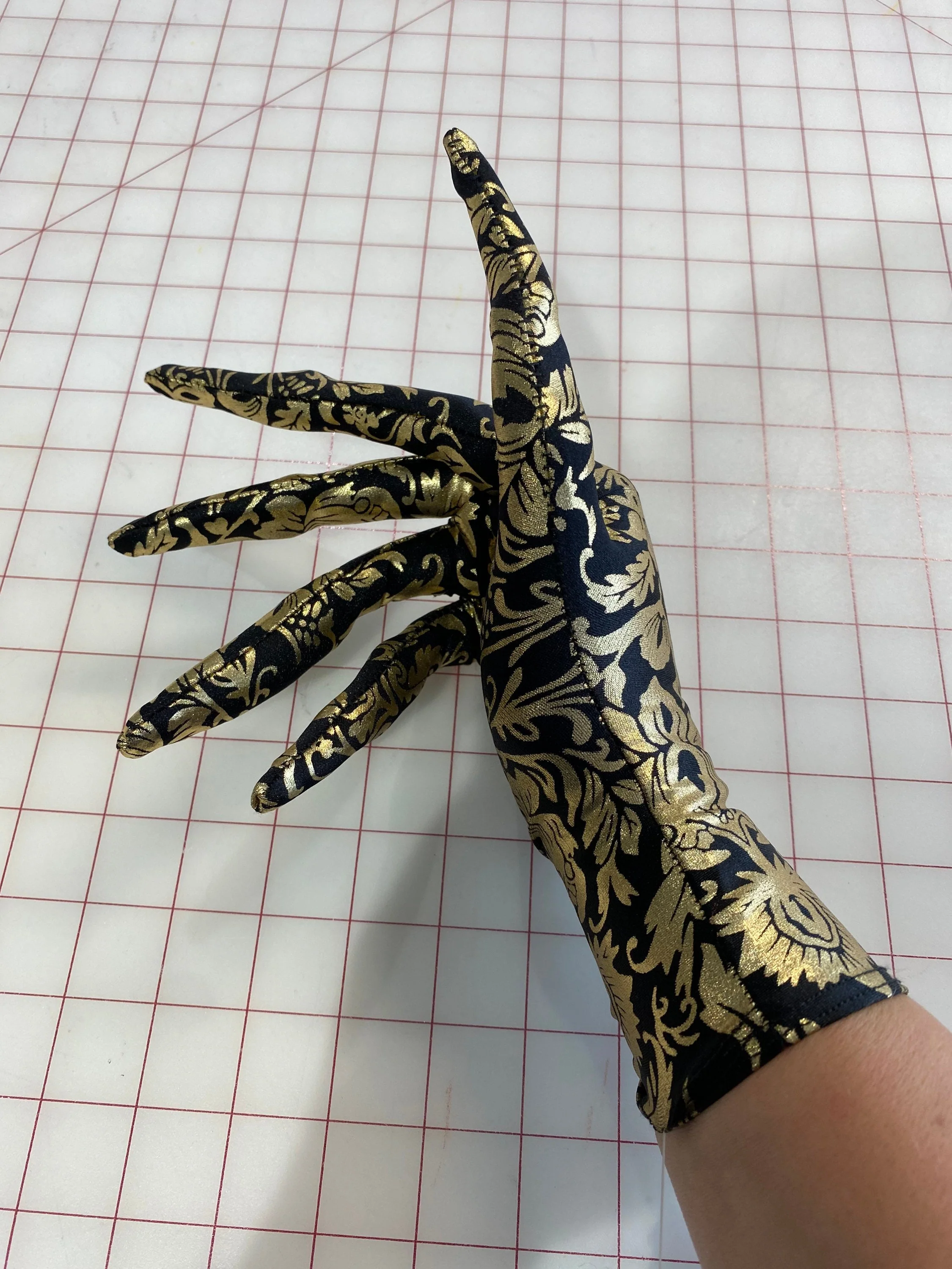 Long Finger Gloves, Spooky Spandex Costume Accessory, Black and Gold Damask Print, 4 Way Stretch Fabric, Foam Fingers - Image 6
