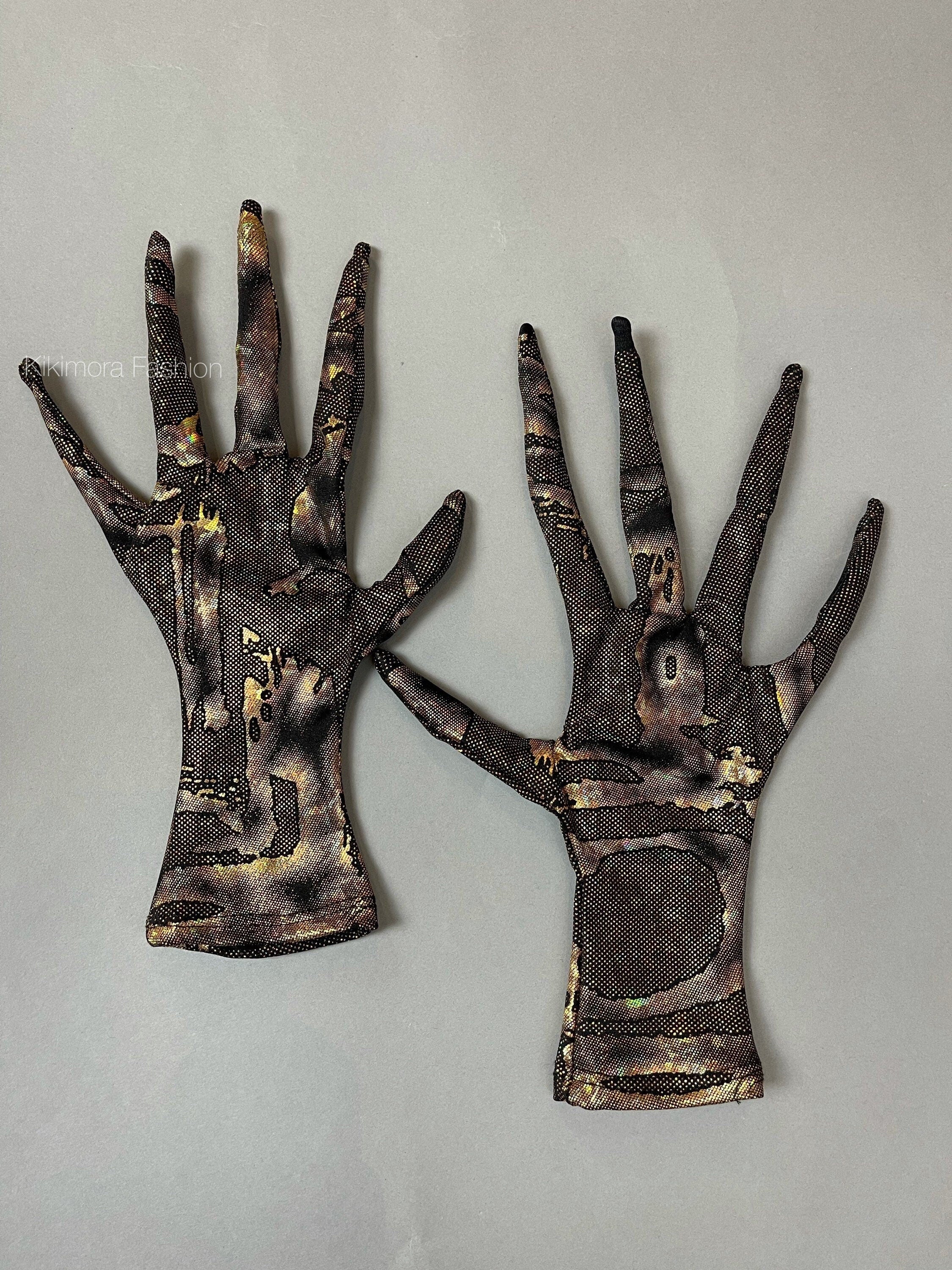 Long Finger Gloves, Gold Snakeskin Claws, Drag Queen Accessories, Cosplay Costume Gloves, Creepy Halloween Hands, Reptile Print Gauntlets - Image 7
