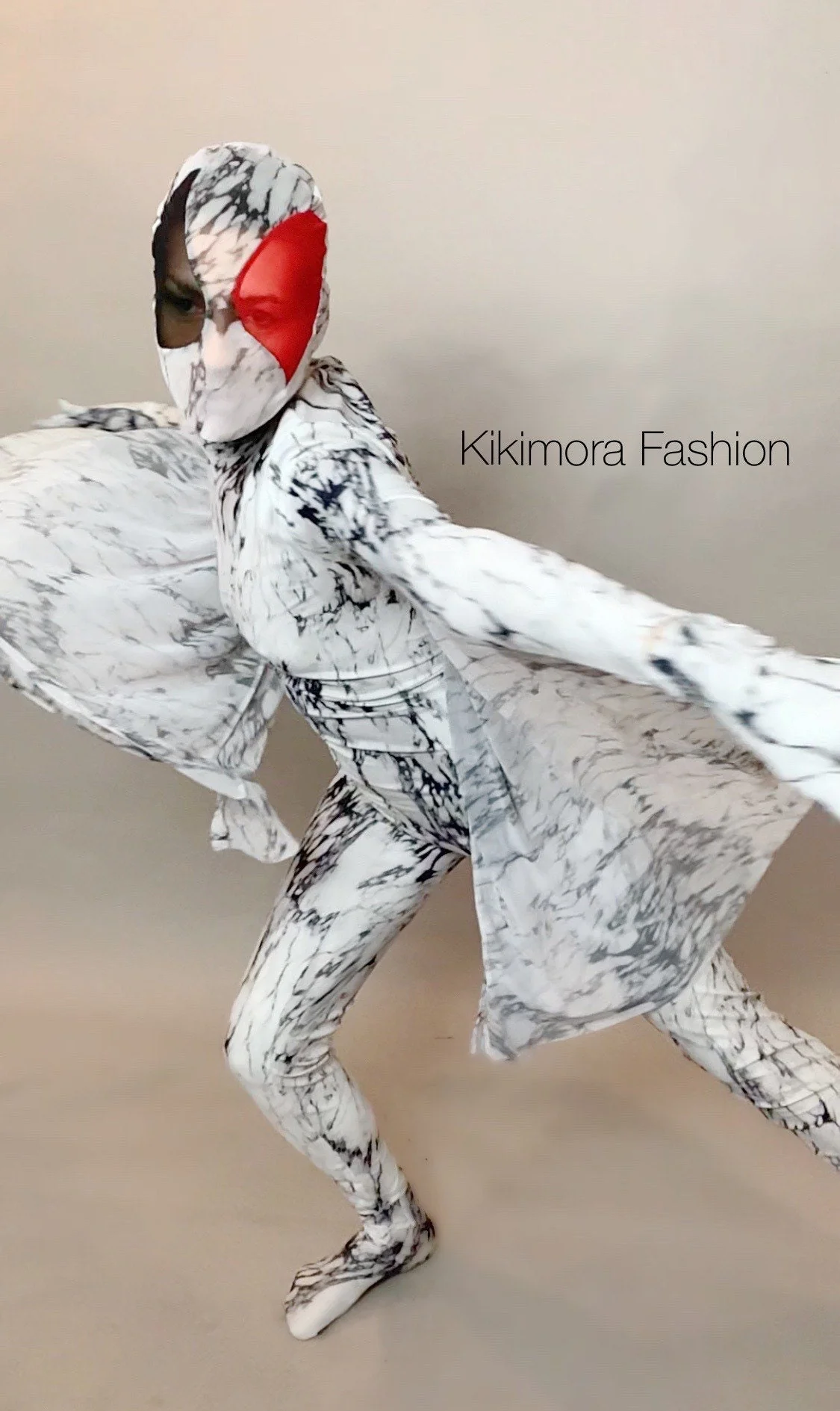 Marble Moth Costume, Black and White Full Body Catsuit, Wings, Face Mask, Gloves, Socks - Image 2