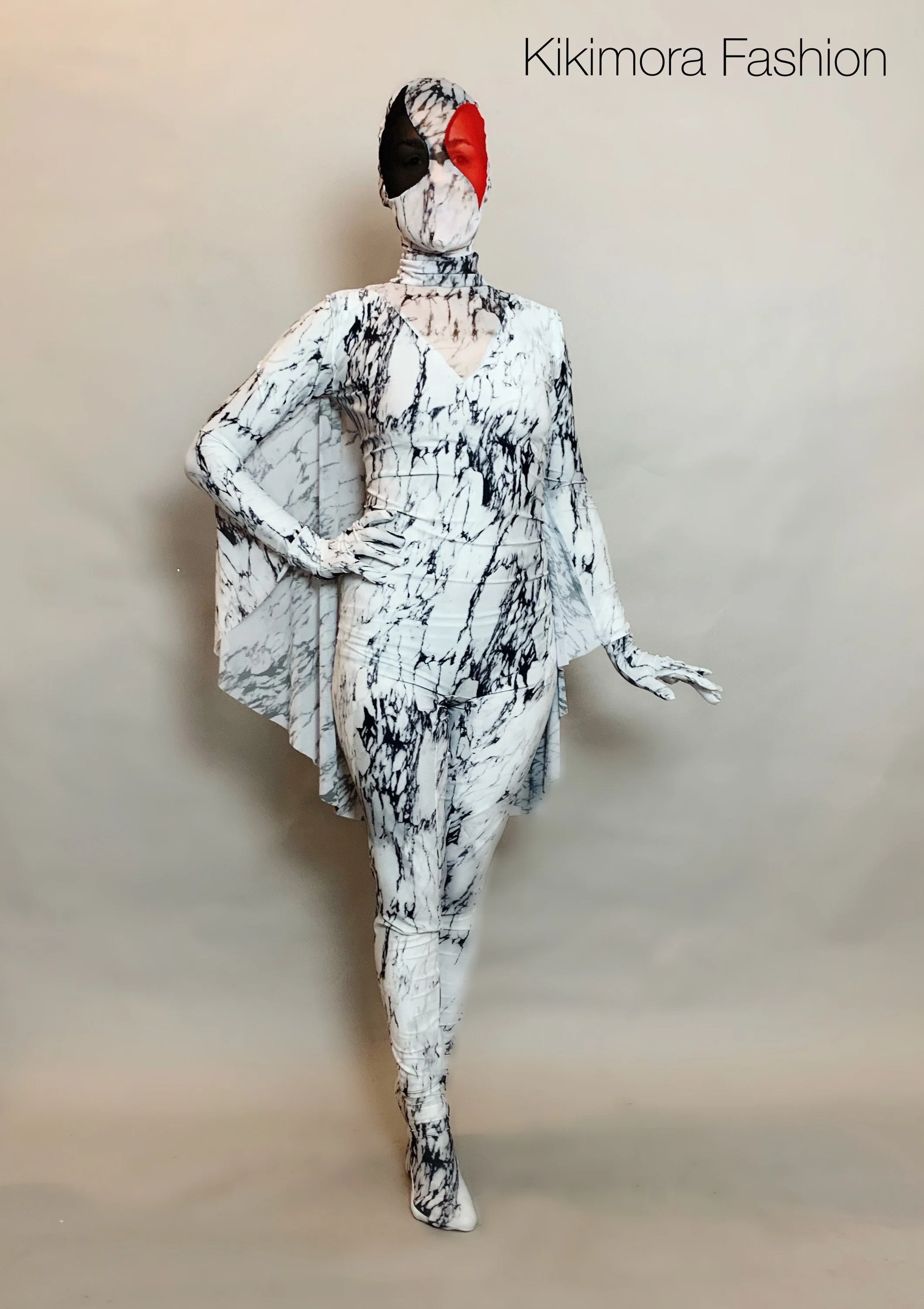 Marble Moth Costume, Black and White Full Body Catsuit, Wings, Face Mask, Gloves, Socks - Image 7