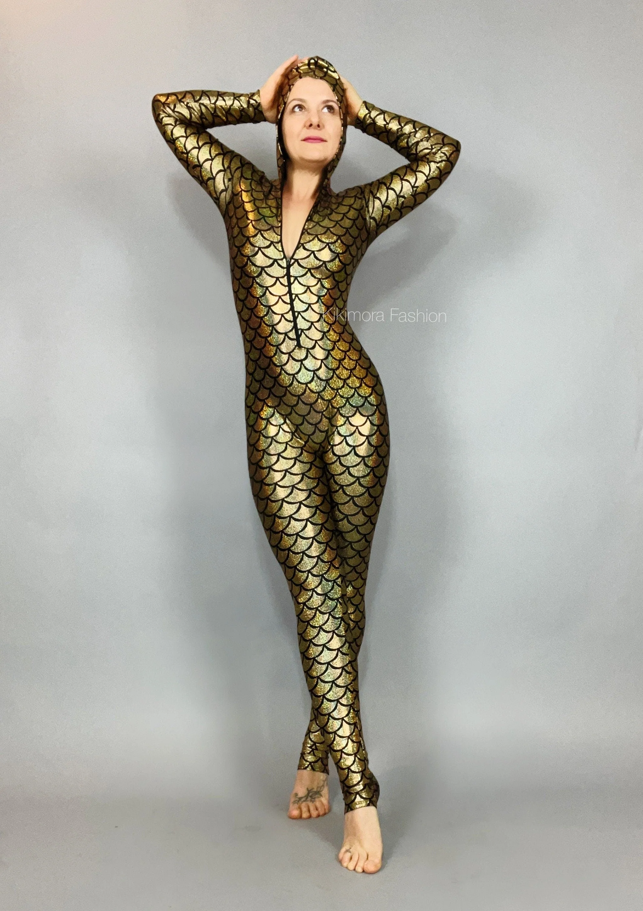Mermaid Catsuit, Gold Scale Jumpsuit, Hooded Bodysuit, Under the Sea Costume, Spandex Unitard, Cosplay Outfit, Animal Print