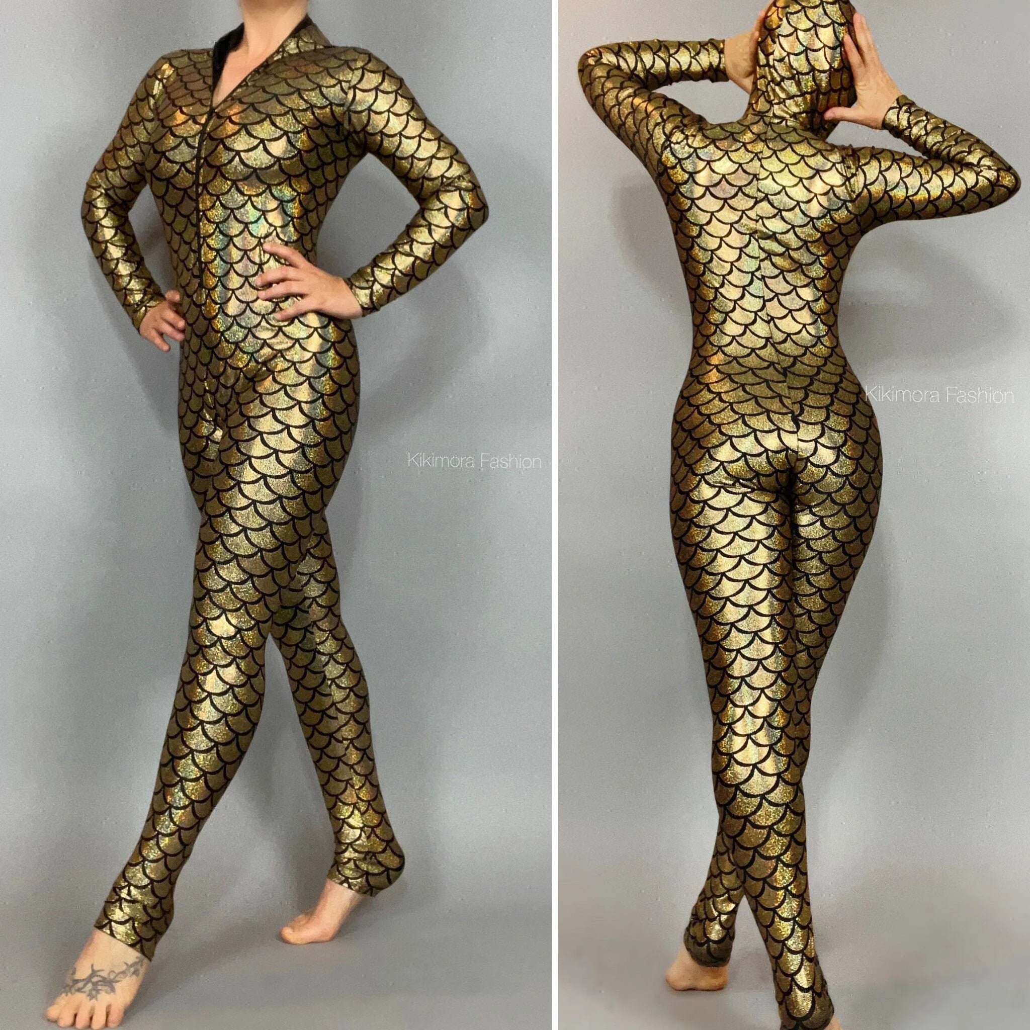 Mermaid Catsuit, Gold Scale Jumpsuit, Hooded Bodysuit, Under the Sea Costume, Spandex Unitard, Cosplay Outfit, Animal Print - Image 8