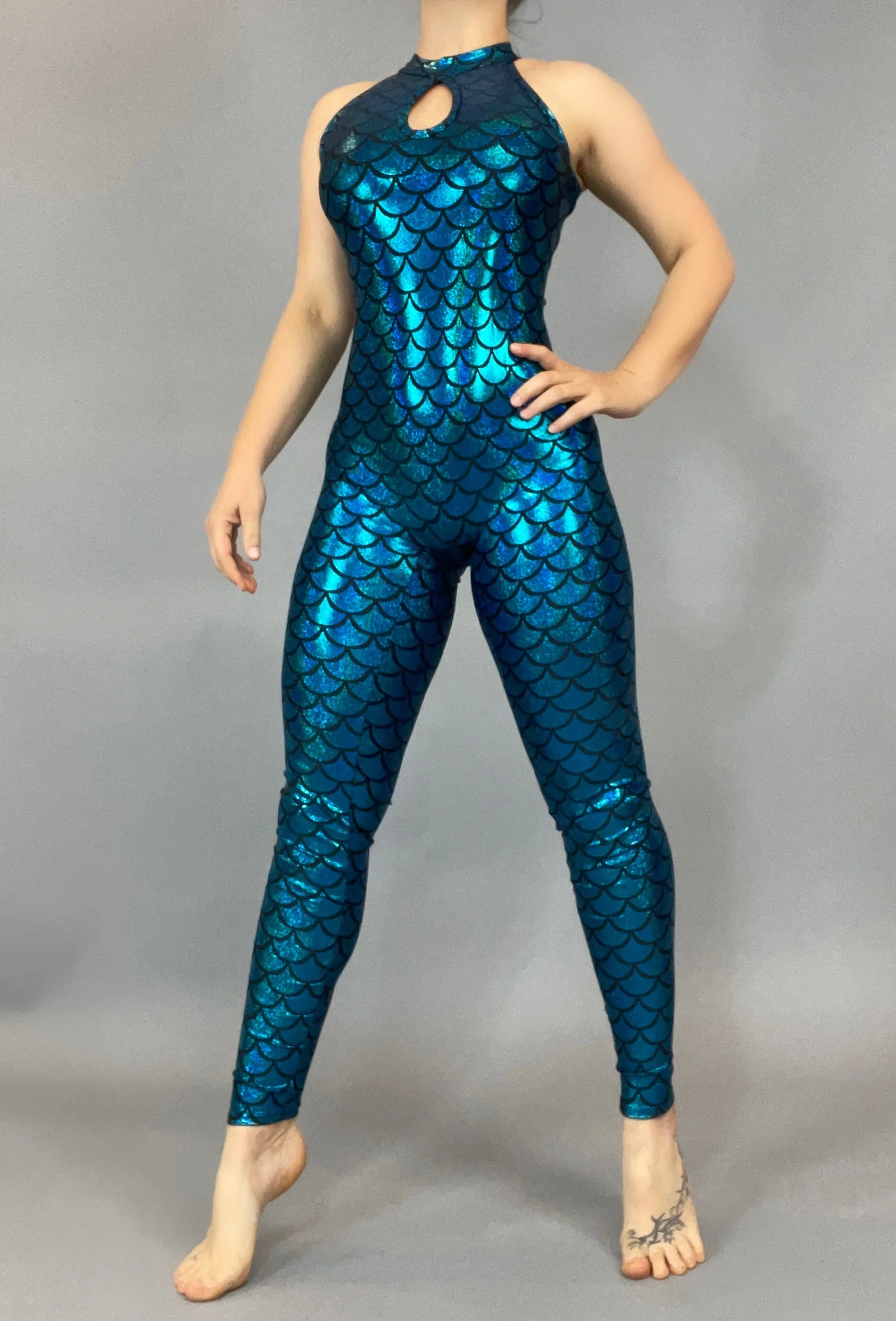 Blue Mermaid Catsuit, Halter Neck, Open Back Design - Image 5