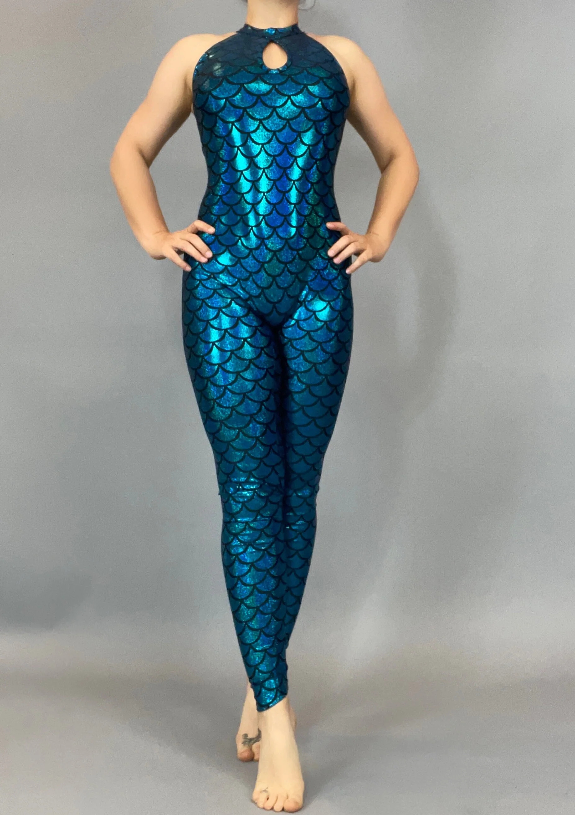 Blue Mermaid Catsuit, Halter Neck, Open Back Design - Image 7