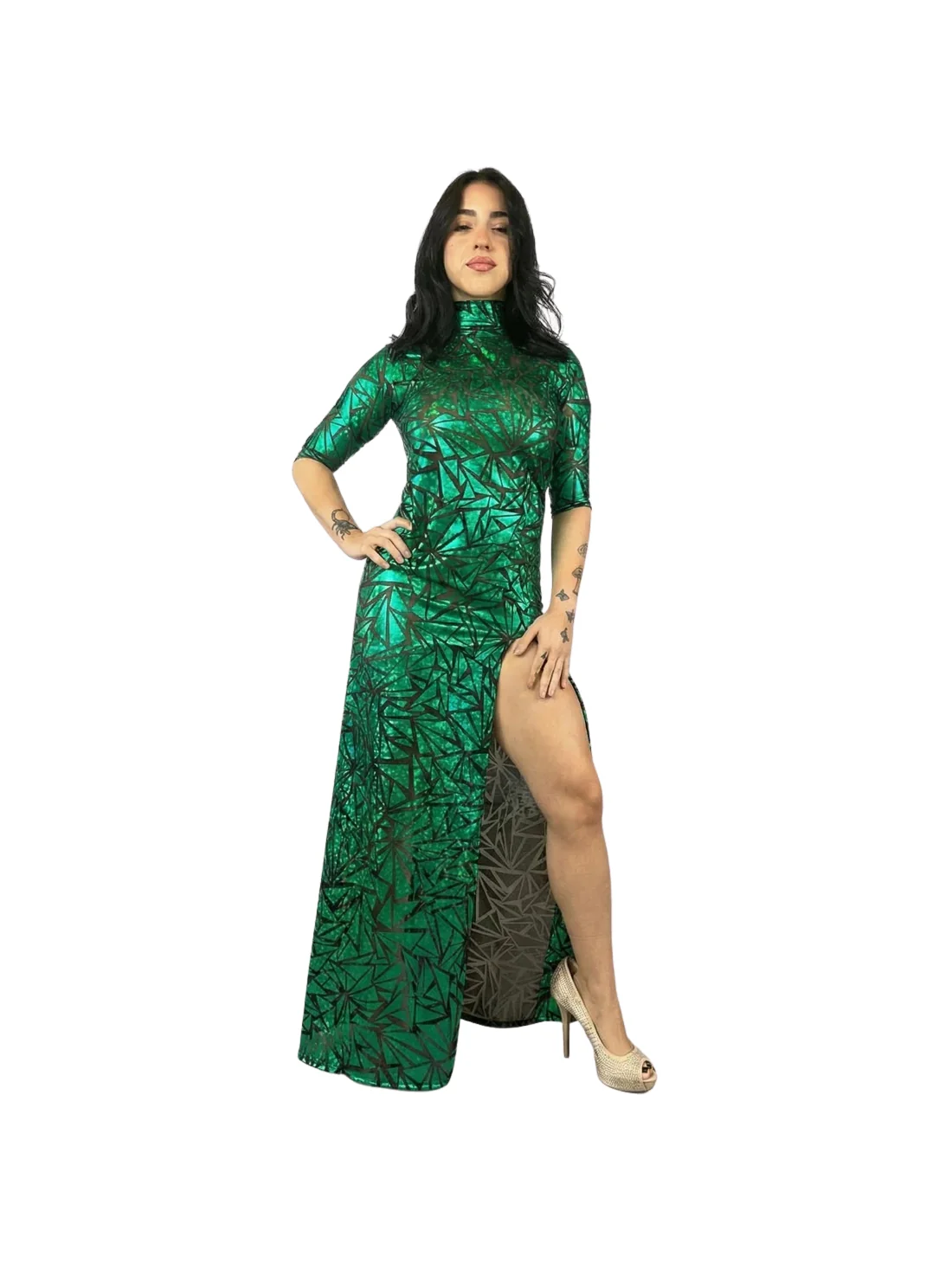 Emerald Green Mesh Dress, Turtleneck, 3/4 Sleeves - Image 12