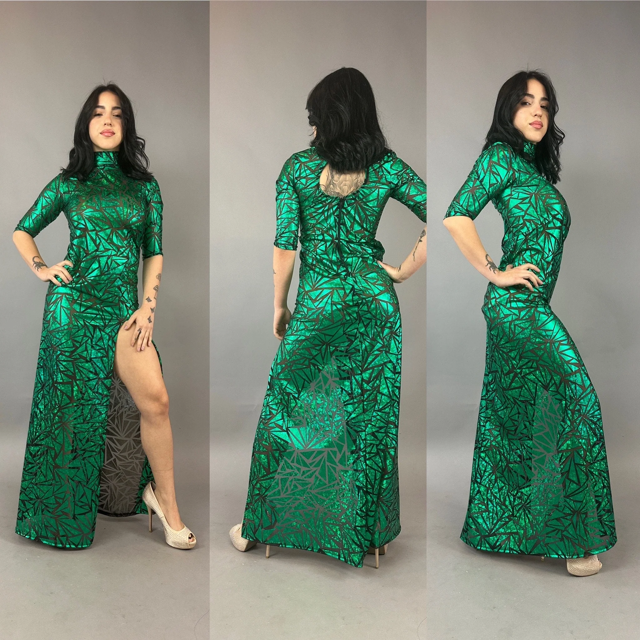 Emerald Green Mesh Dress, Turtleneck, 3/4 Sleeves - Image 3