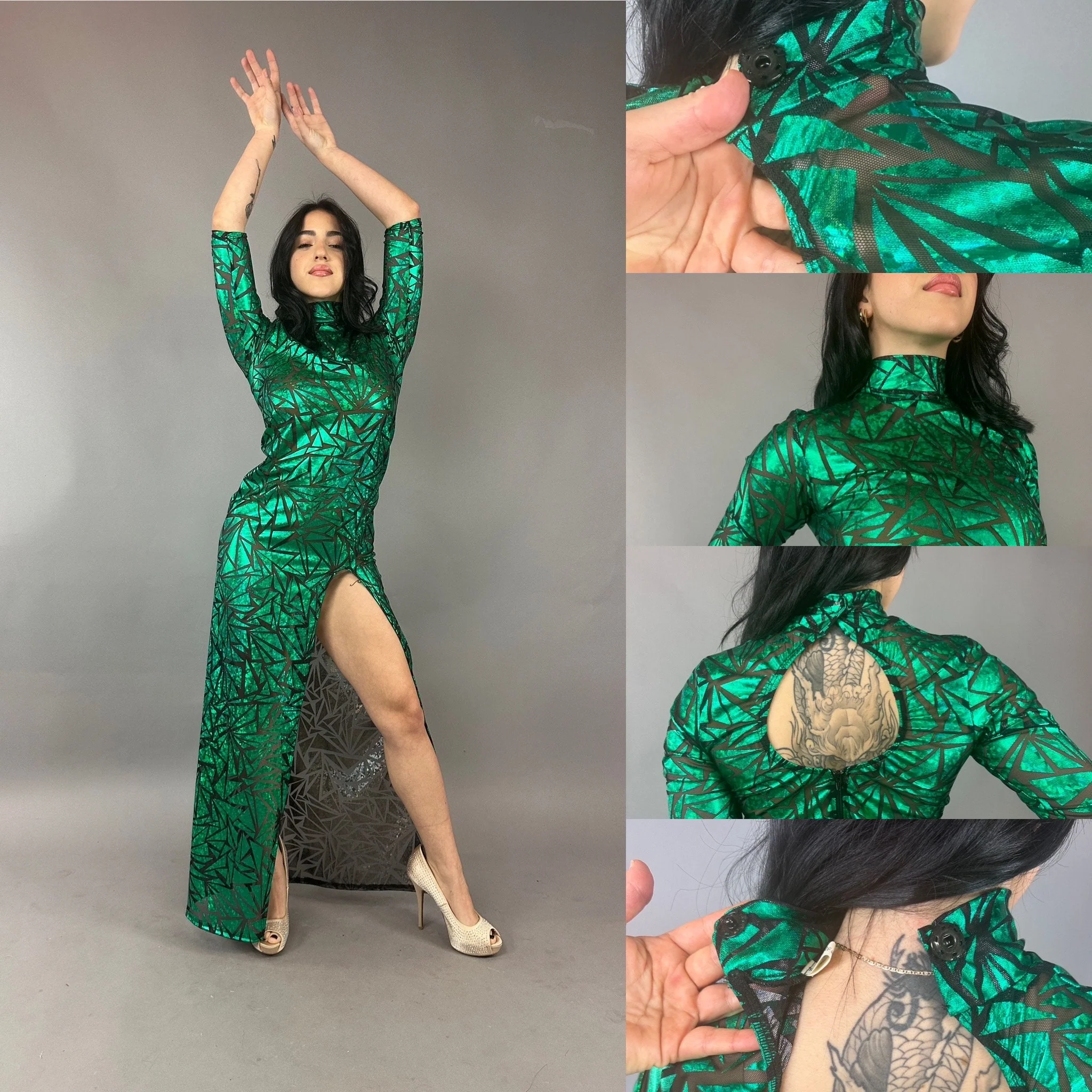 Emerald Green Mesh Dress, Turtleneck, 3/4 Sleeves - Image 5
