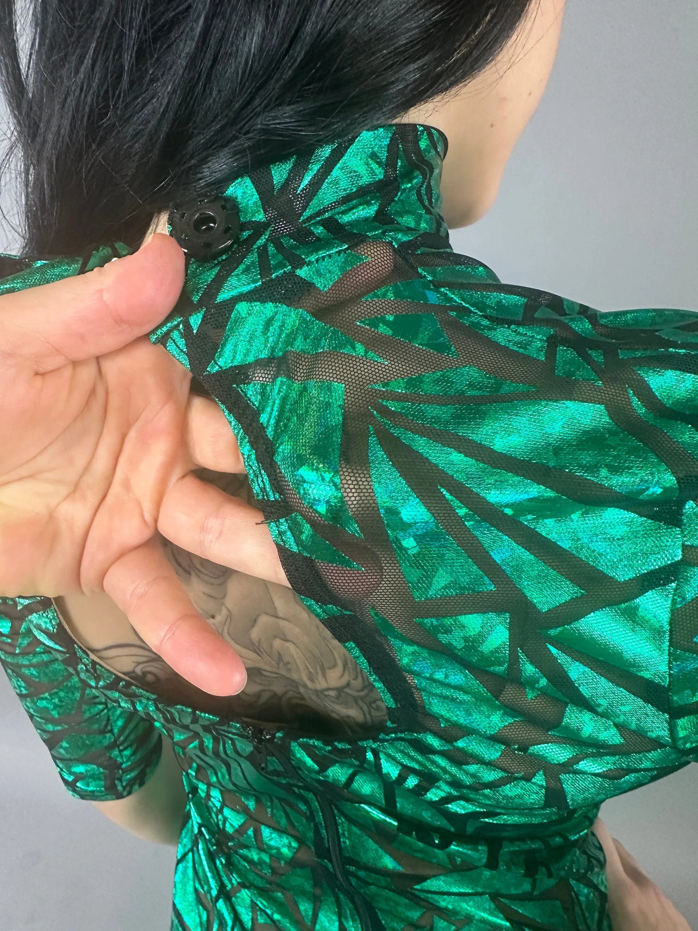 Emerald Green Mesh Dress, Turtleneck, 3/4 Sleeves - Image 6