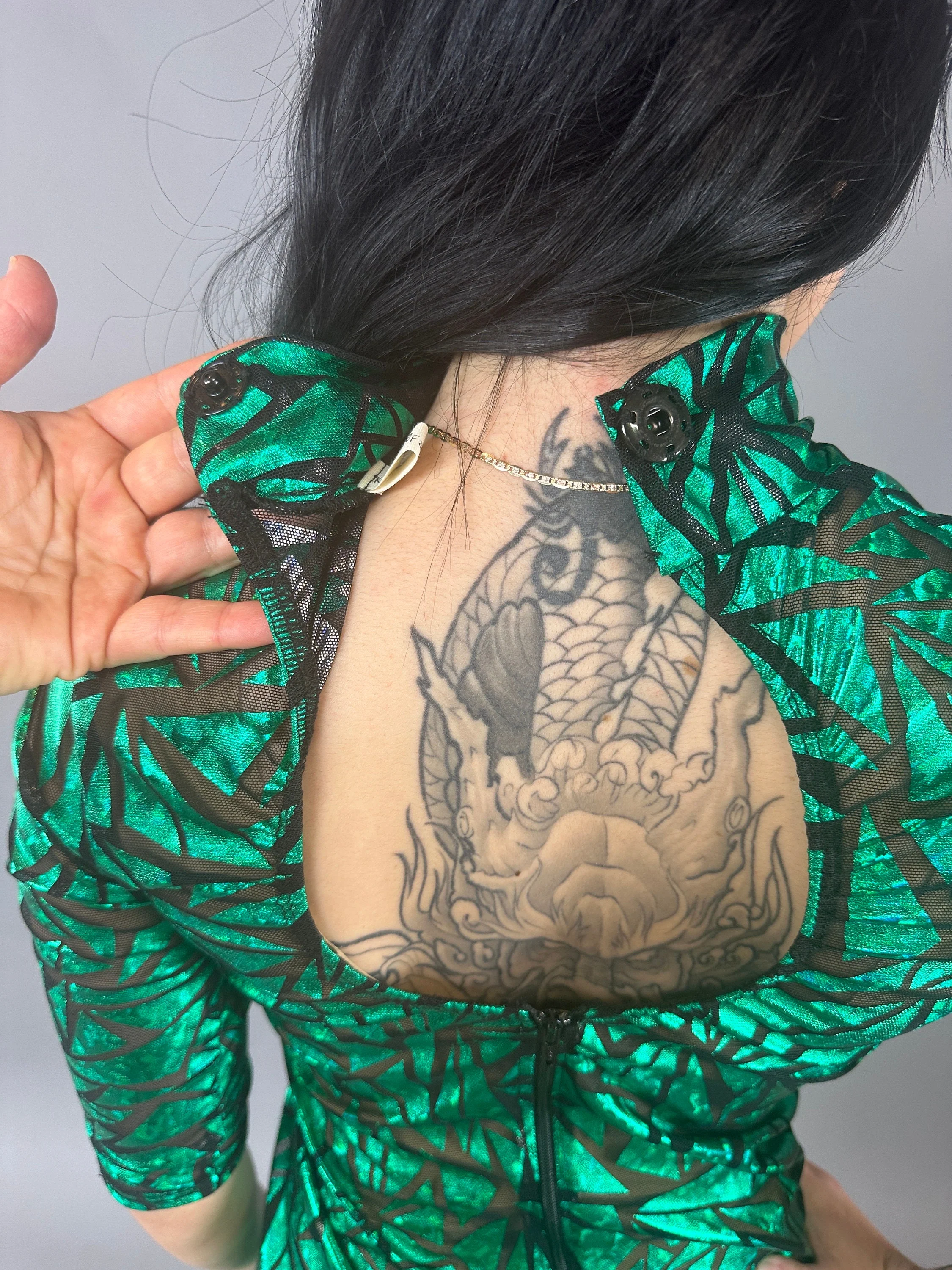 Emerald Green Mesh Dress, Turtleneck, 3/4 Sleeves - Image 7
