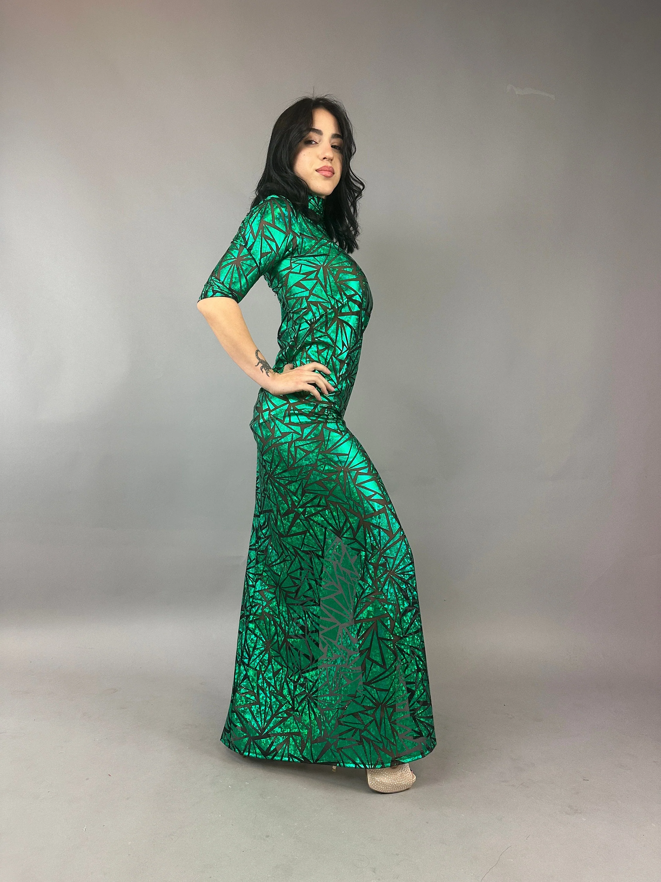 Emerald Green Mesh Dress, Turtleneck, 3/4 Sleeves - Image 8