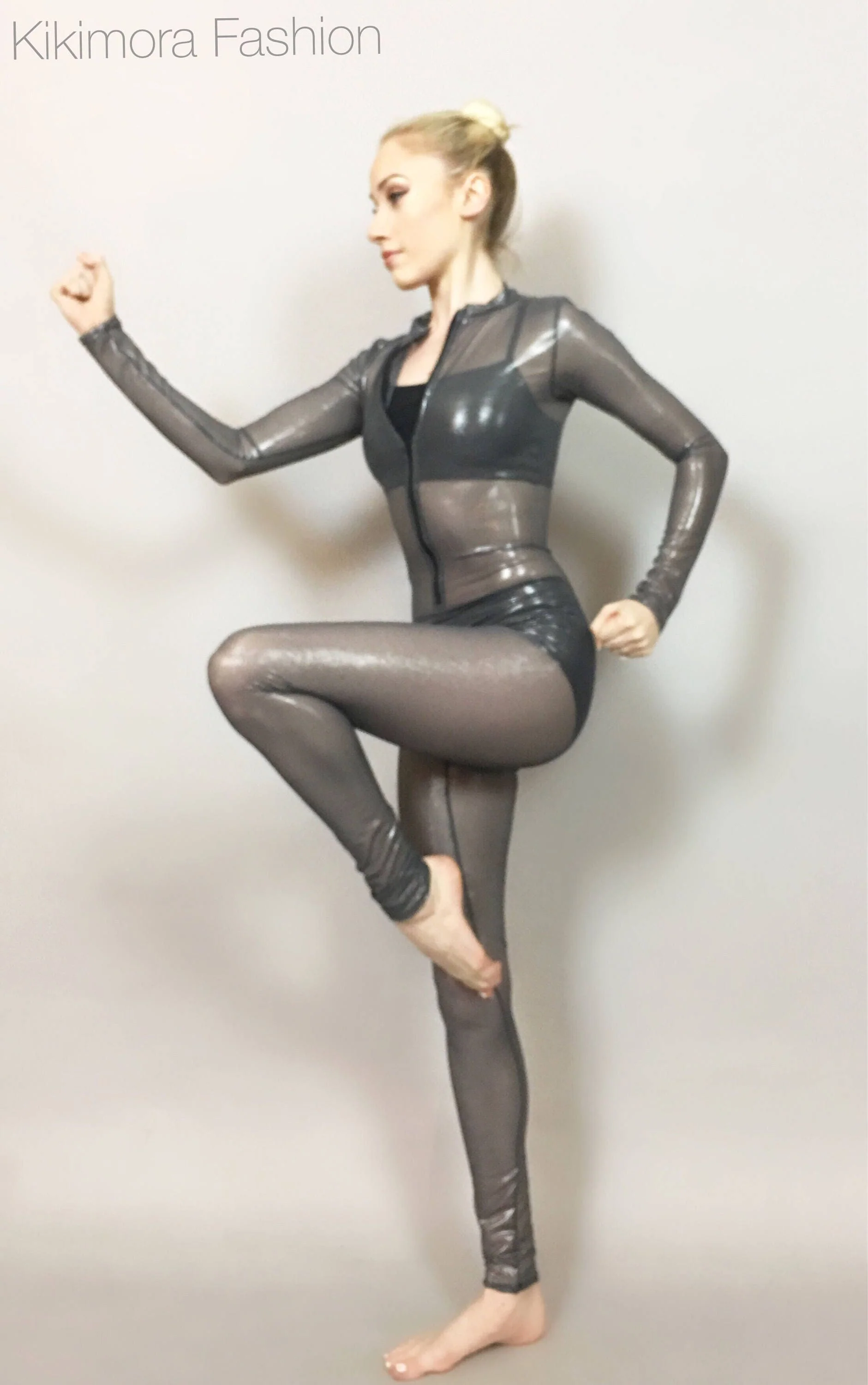 Metallic Gray Catsuit, Crew Neck, Full Sleeves - Image 3