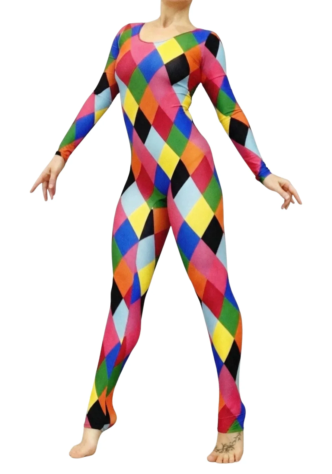 Multicolor Catsuit, Harlequin Costume, Full Sleeves, Scoop Neck - Image 11