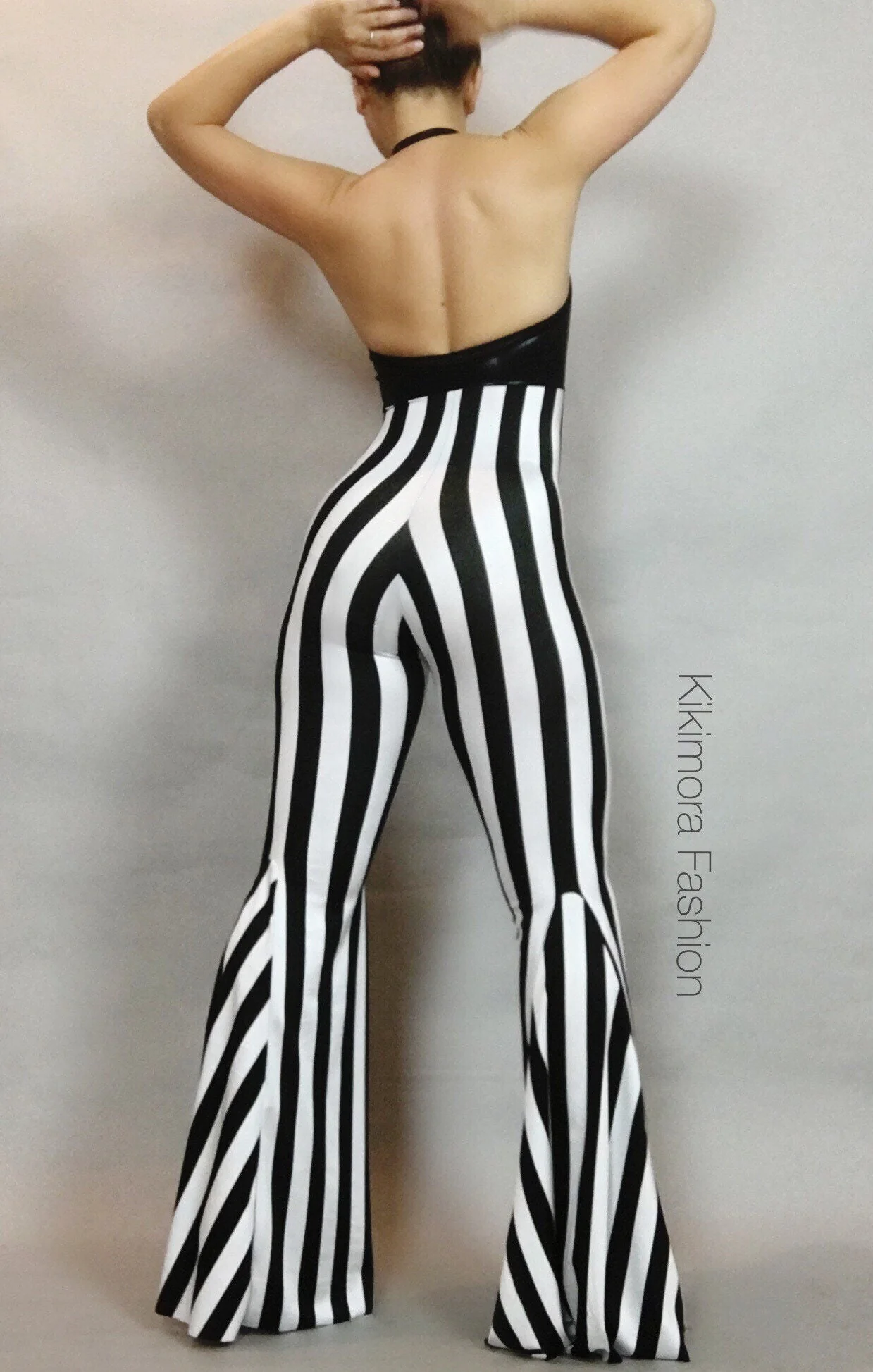 Black and White Bell Bottom Jumpsuit, Halterneck, Sleeveless - Image 4
