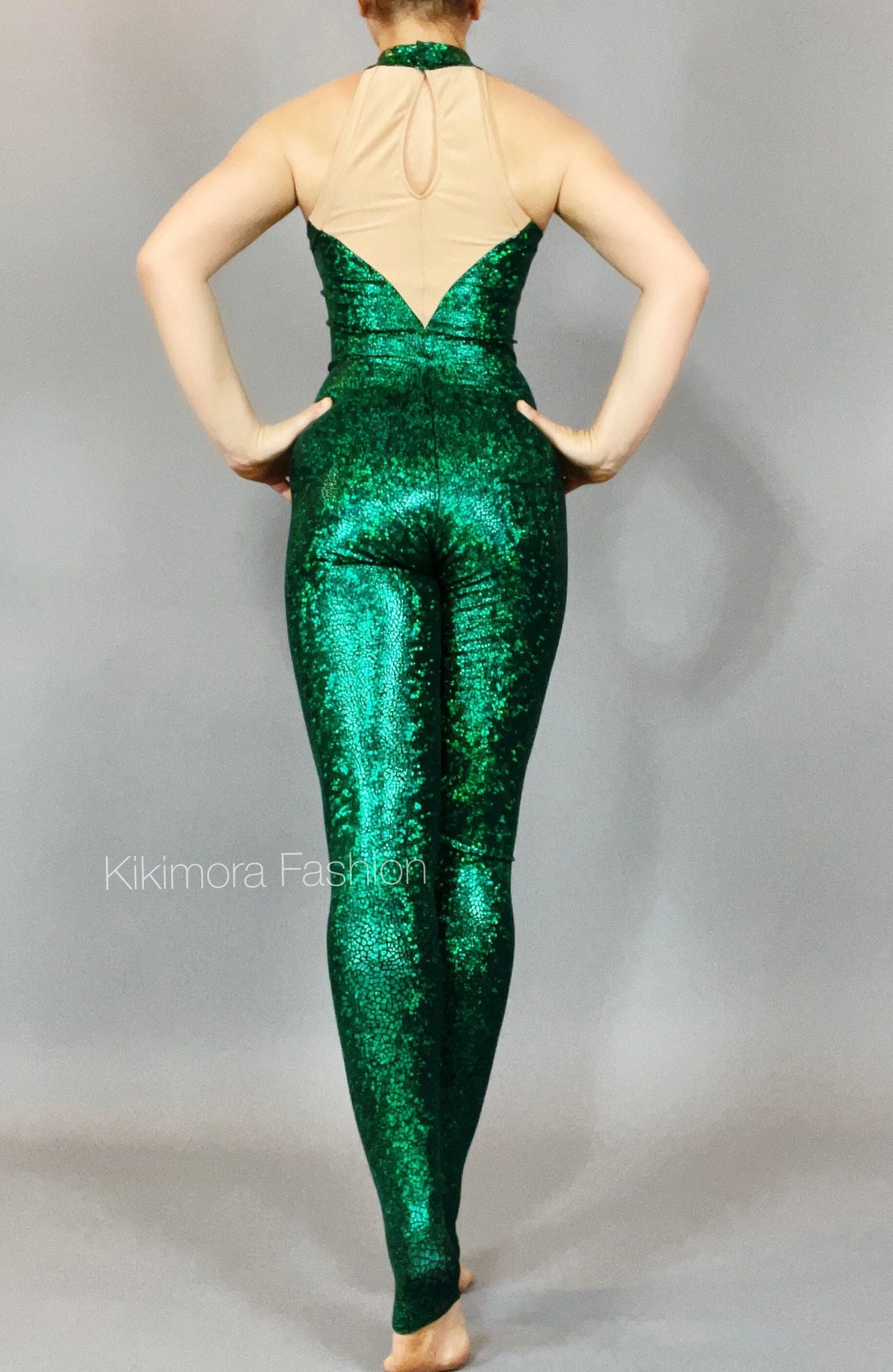 Green Forest Fairy Catsuit, Mesh Jumpsuit, Halterneck, Sleeveless - Image 4