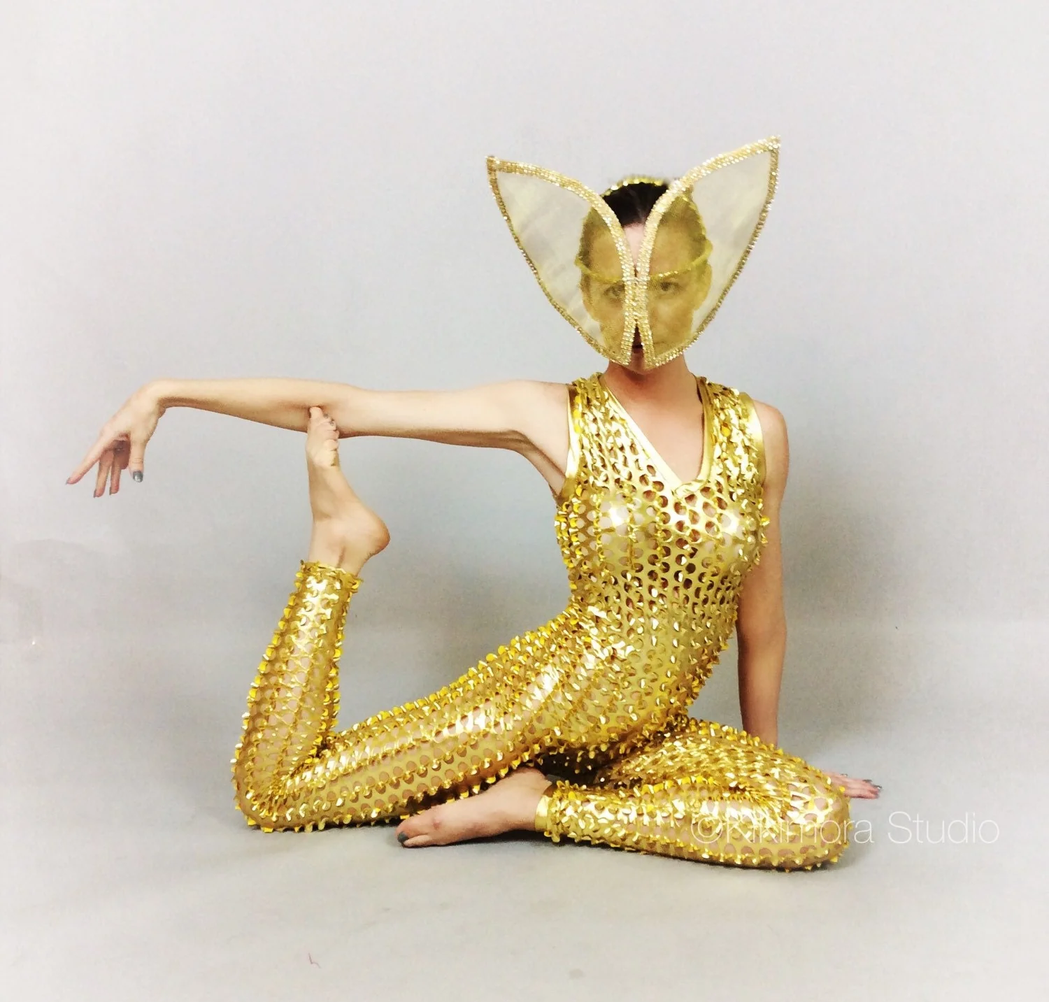Gold Hollow Out Catsuit, Scoop Neckline, Sleeveless - Image 4