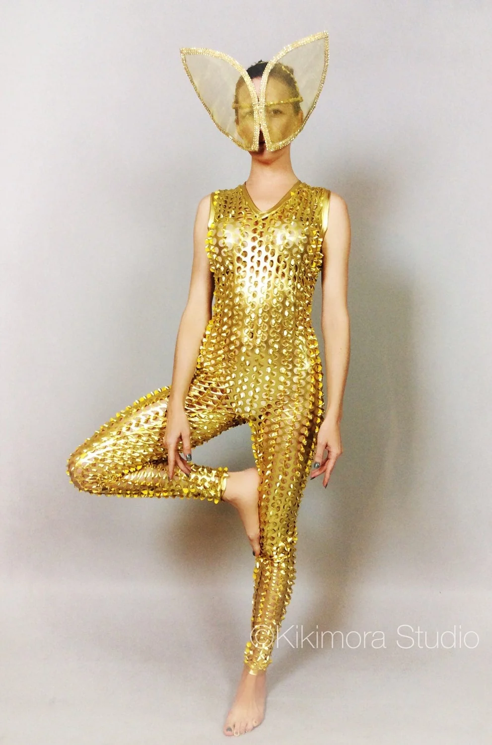 Gold Hollow Out Catsuit, Scoop Neckline, Sleeveless - Image 5